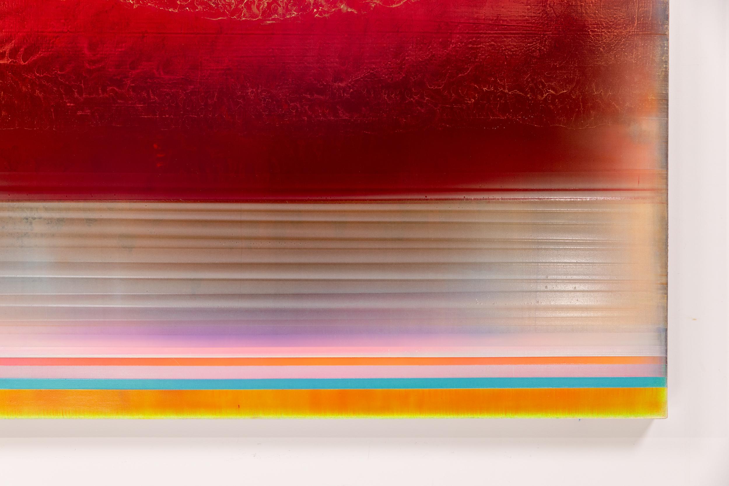 This large-scale acrylic abstract painting by Alice Teichert evokes images of time and space.

Layered transparencies in rich golden hues and deep red enhance the radiant nature of this evocative painting by Alice Teichert. A central lyrical image