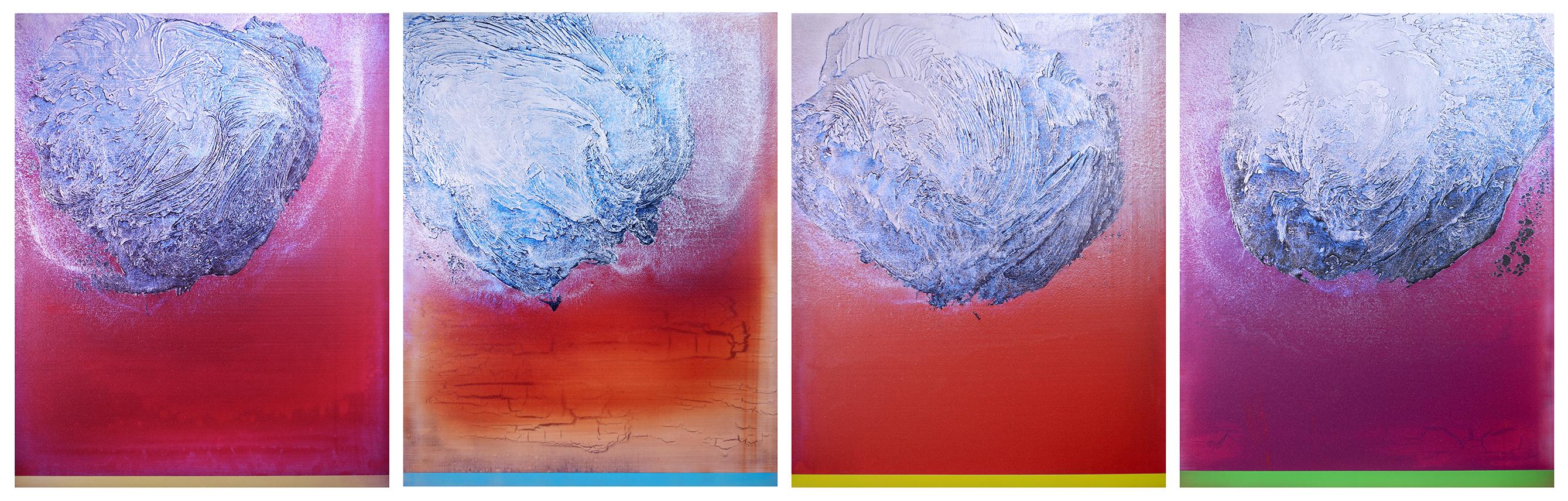 Worlds apart come together in this polyptych celebrating the power of unity. Teichert's most recent exhibition, Connectivity, features works that have a painterly line undulating through the horizon line, like the smooth, continuous, oscillations of