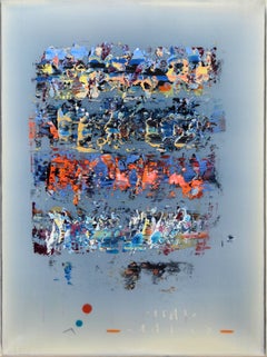 Tablet - vivid, colourful, blue, red, pink, orange, abstract triptych on panel