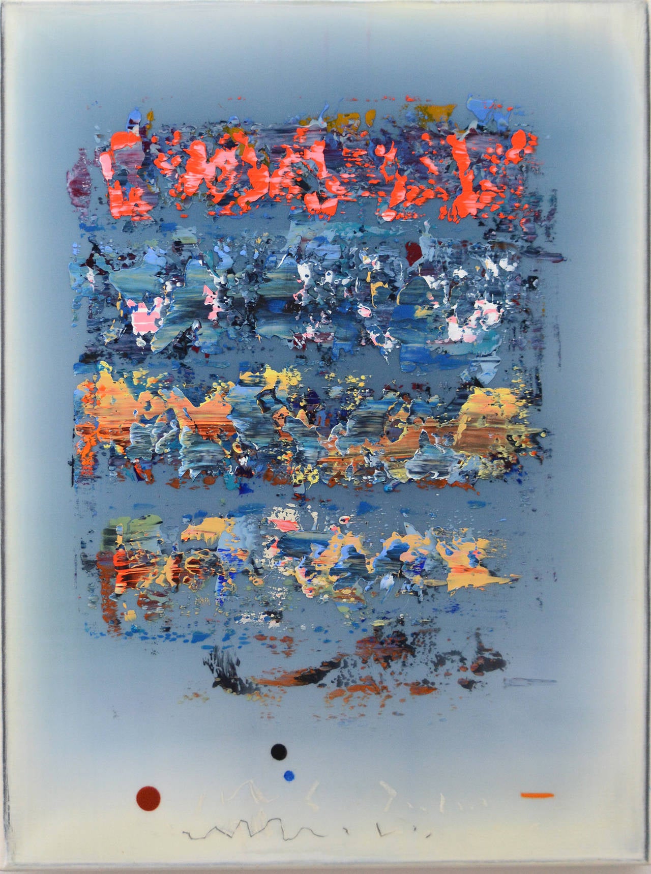 Tablett – lebhaftes, farbenfrohes, blaues, rotes, rosafarbenes, orangefarbenes abstraktes Triptychon auf Tafel im Angebot 1