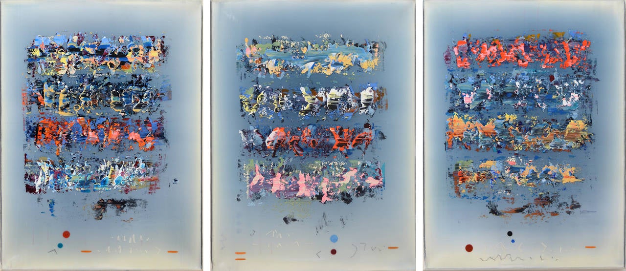 Tablett – lebhaftes, farbenfrohes, blaues, rotes, rosafarbenes, orangefarbenes abstraktes Triptychon auf Tafel