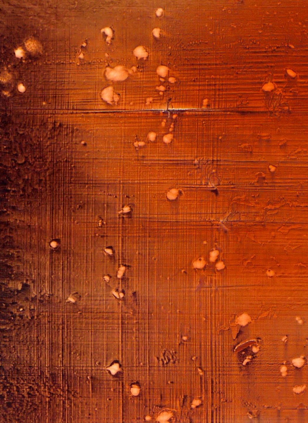 Forme enigmatiche e linee calligrafiche danzano su un'inondazione di turchese sotto un cielo di arancione brunito in questo dipinto di grandi dimensioni di Alice Teichert. L'artista lavora con sottili strati di gel acrilico e pigmento per produrre