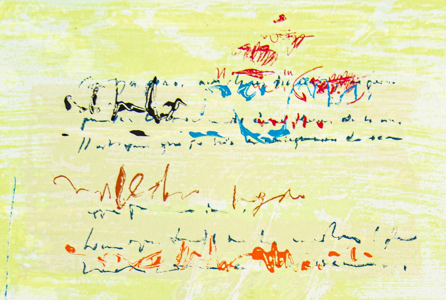 Text – Whistle 9/36 – farbenfrohe, kalligrafische Gesten, Serigrafie auf Papier – Print von Alice Teichert