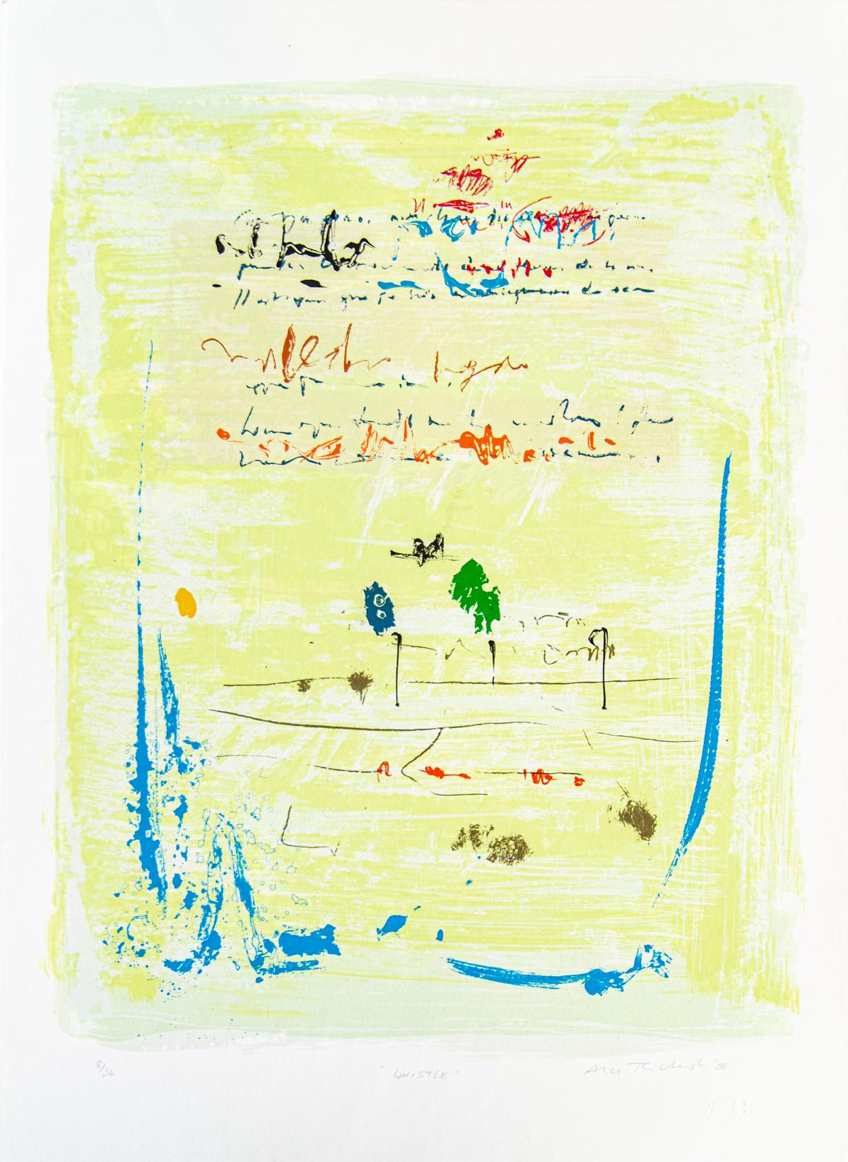 Text – Whistle 9/36 – farbenfrohe, kalligrafische Gesten, Serigrafie auf Papier 