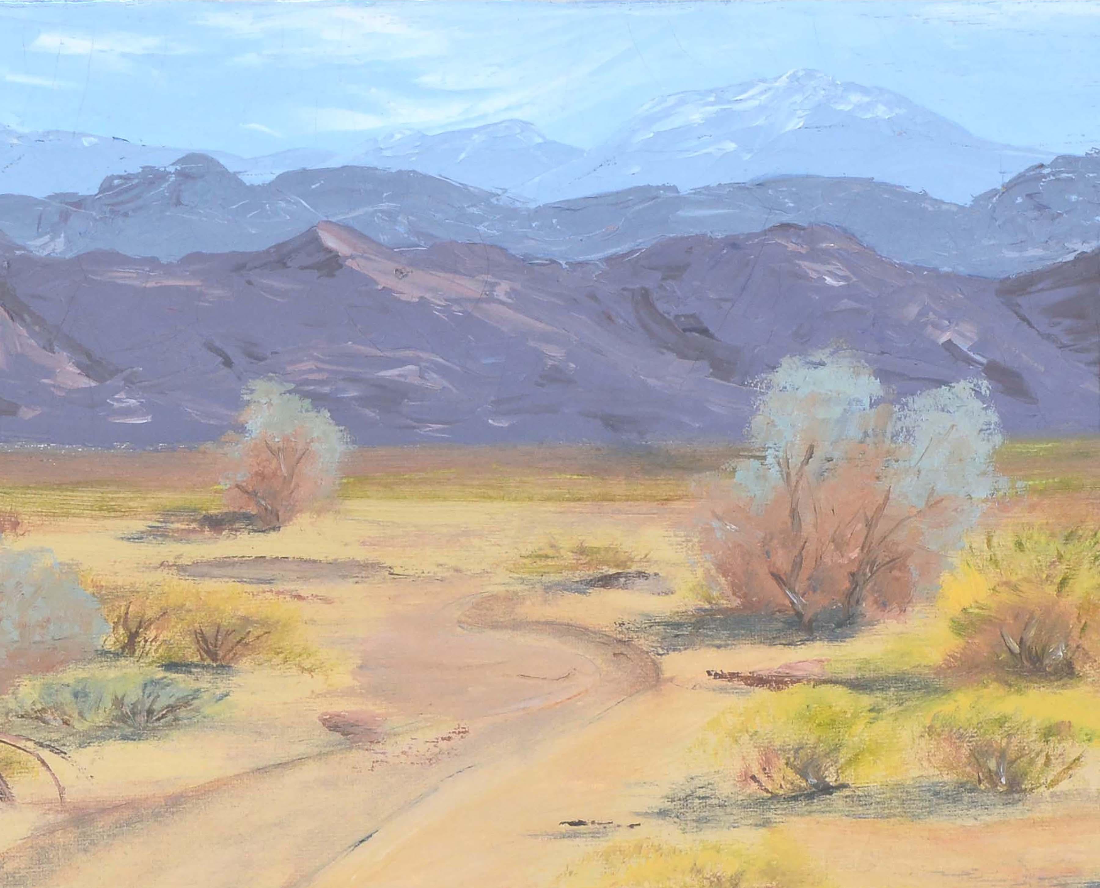 Palm-Springs-Landschaft aus der Jahrhundertmitte in Öl auf Leinwand

Wunderschöne Landschaft aus der Mitte des Jahrhunderts mit einer Wüstenszene in Palm Springs von Alice V. Hussey Hayes (Amerikanerin, 1907-1968). Ein Weg schlängelt sich vom