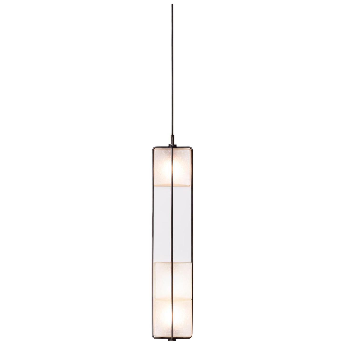 Alice Vertical Pendant Hanging Fixture Glass Cubes in Solid Brass For Sale