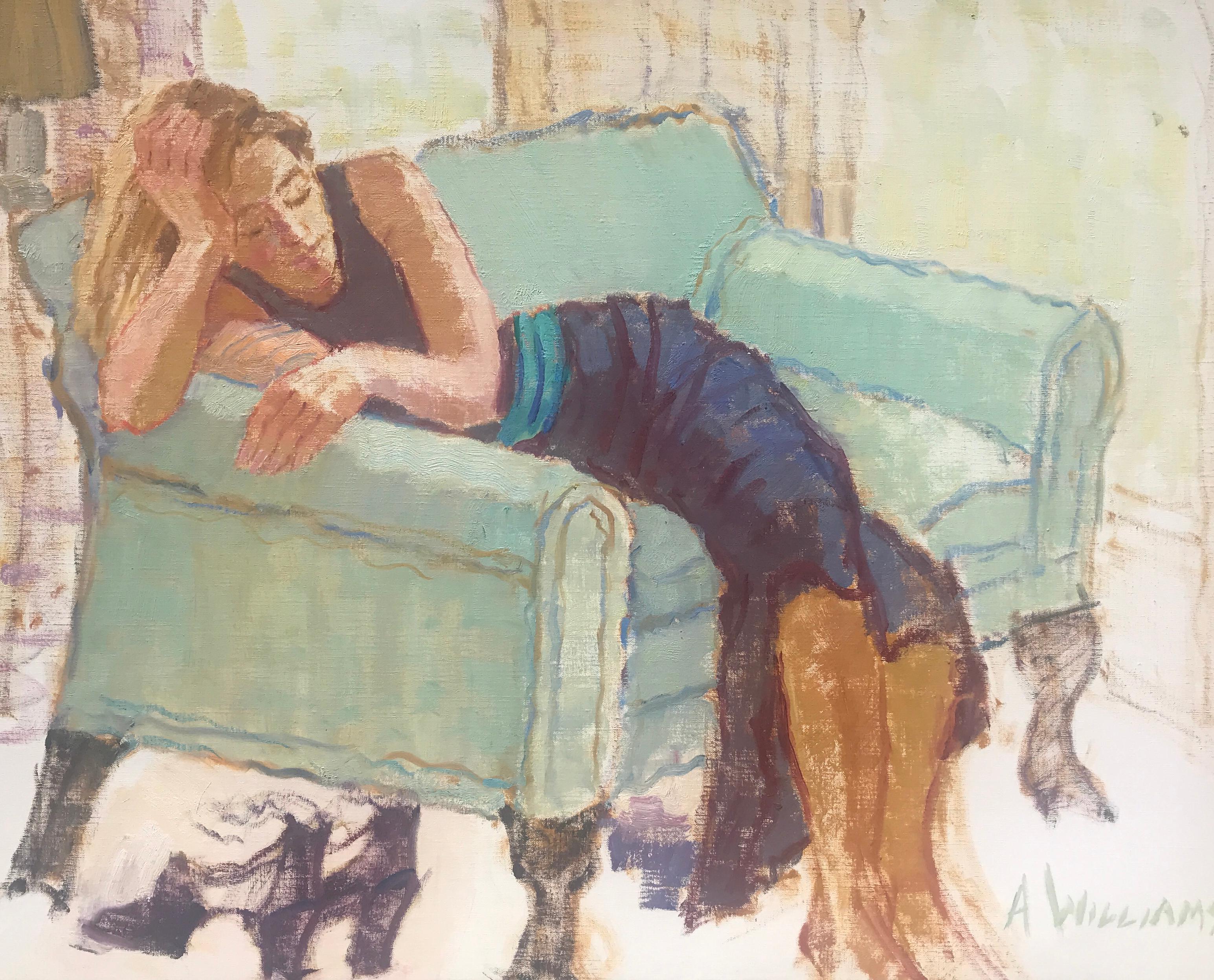 Alice Williams Figurative Painting - A Long Night, Medium Horizontal Impressionist Figure Painting
