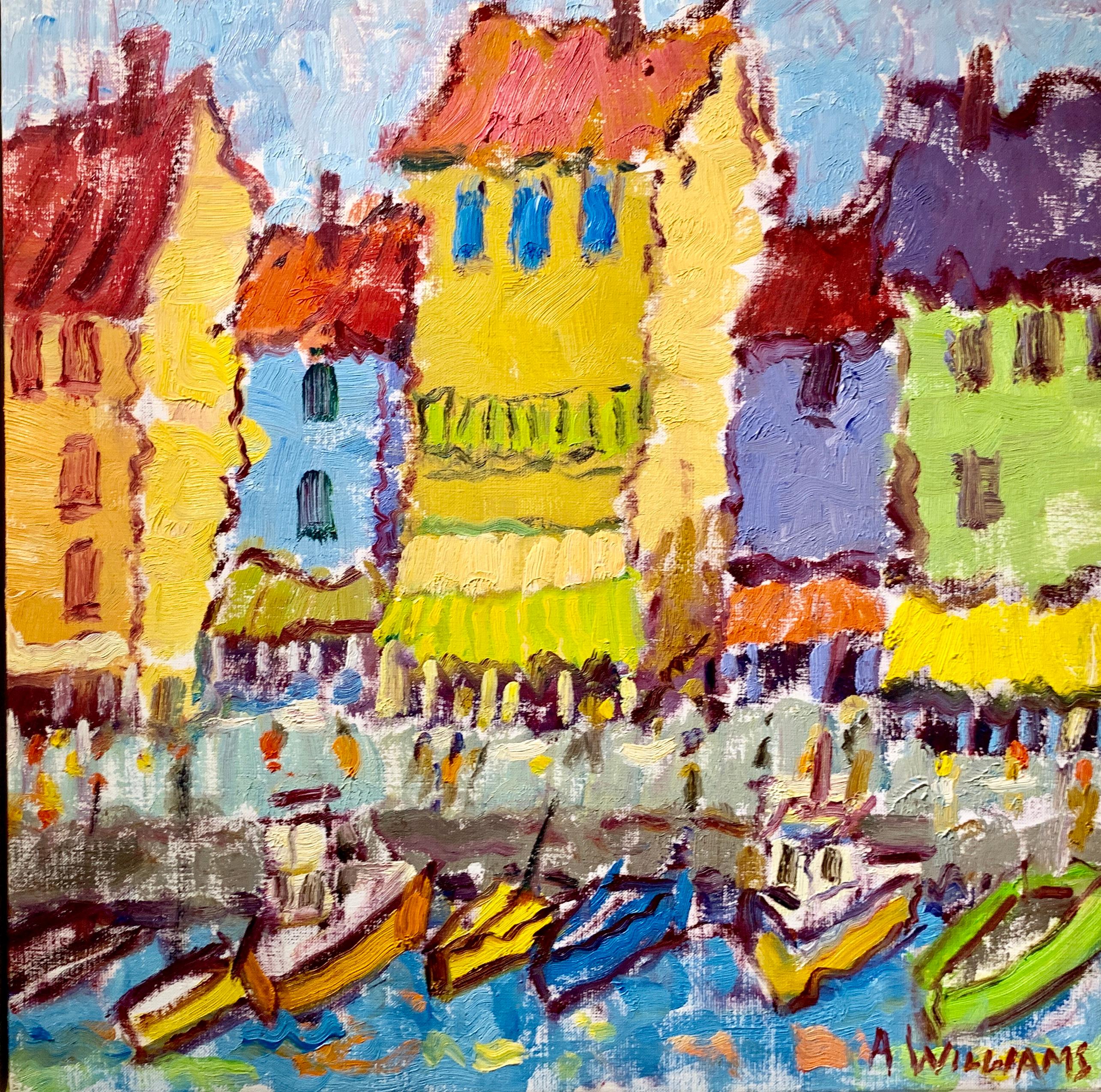 'The Charm of Cassis' is a framed oil on canvas Post-Impressionist painting created by American artist Alice Williams in 2019. Featuring a vibrant palette made of yellow, red, blue, purple, orange and green tones among others, the painting depict