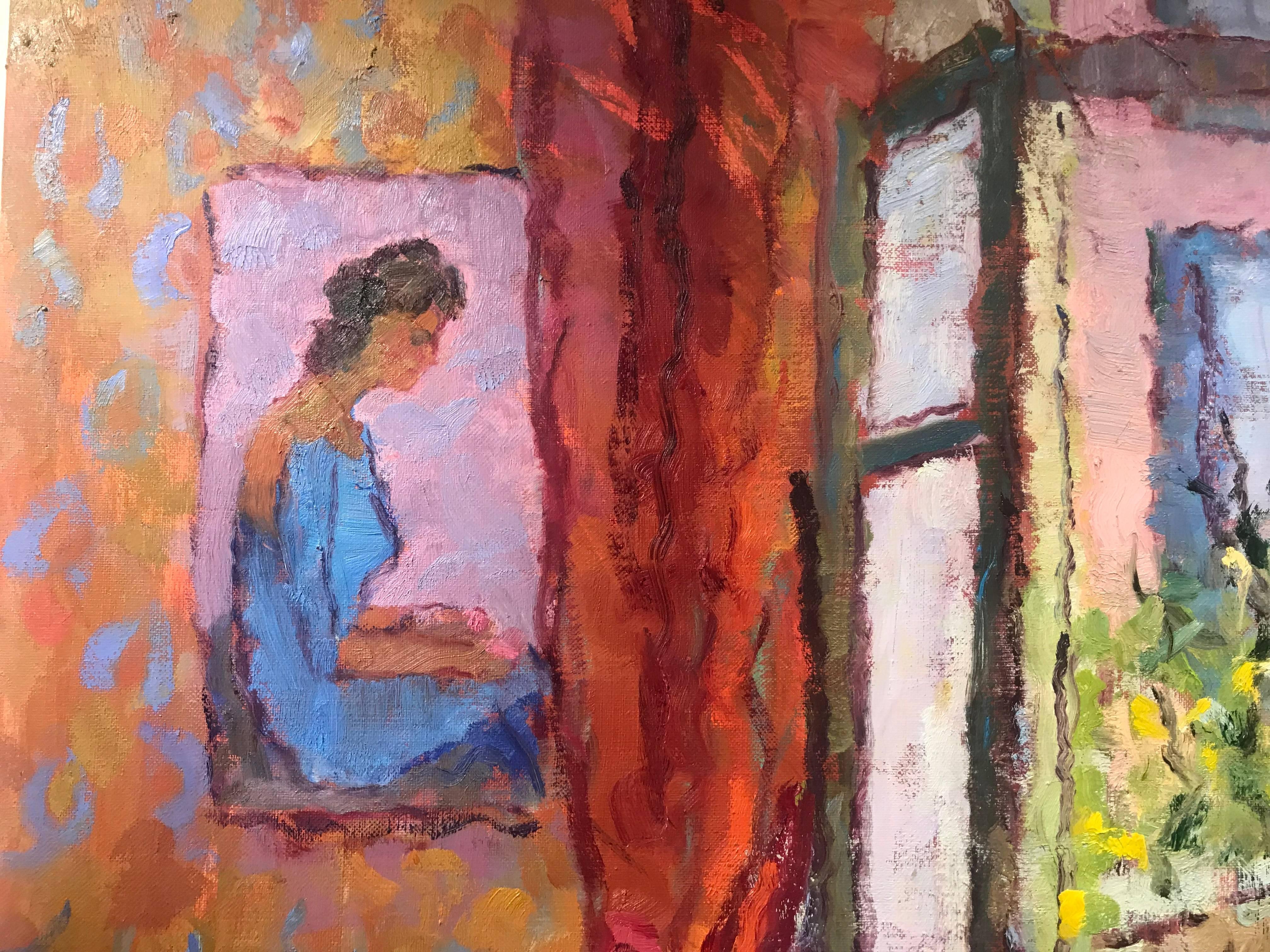 'Une Postcard of Coco's Terrace' is a Post-Impressionist square format interior painting created by American artist Alice Williams in 2018. Featuring a vibrant palette made among others of warm reds, oranges, pinks and blues, this painting features