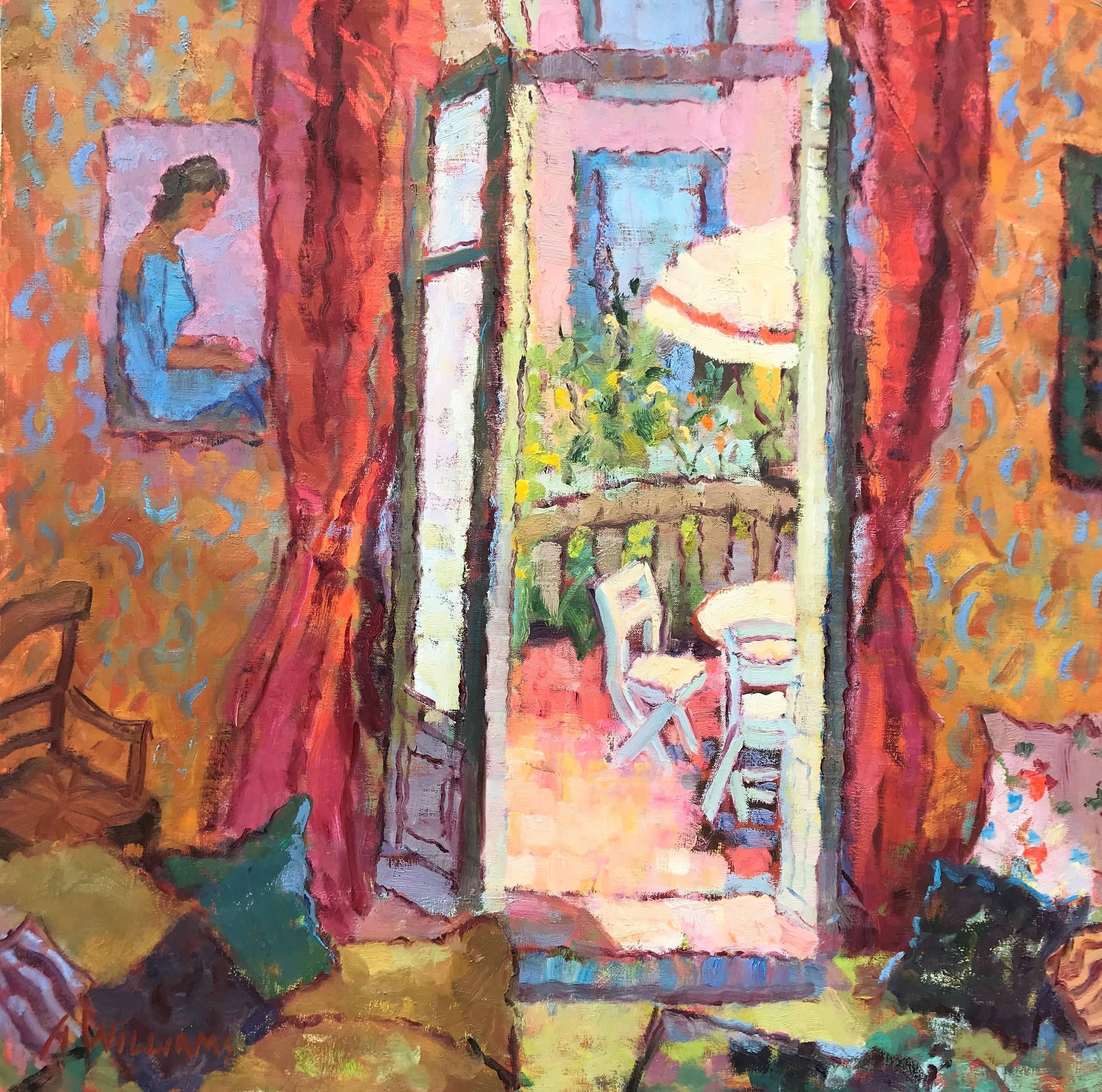 Alice Williams Interior Painting - Une Postcard of Coco's Terrace, Post-Impressionist Oil on Canvas Painting
