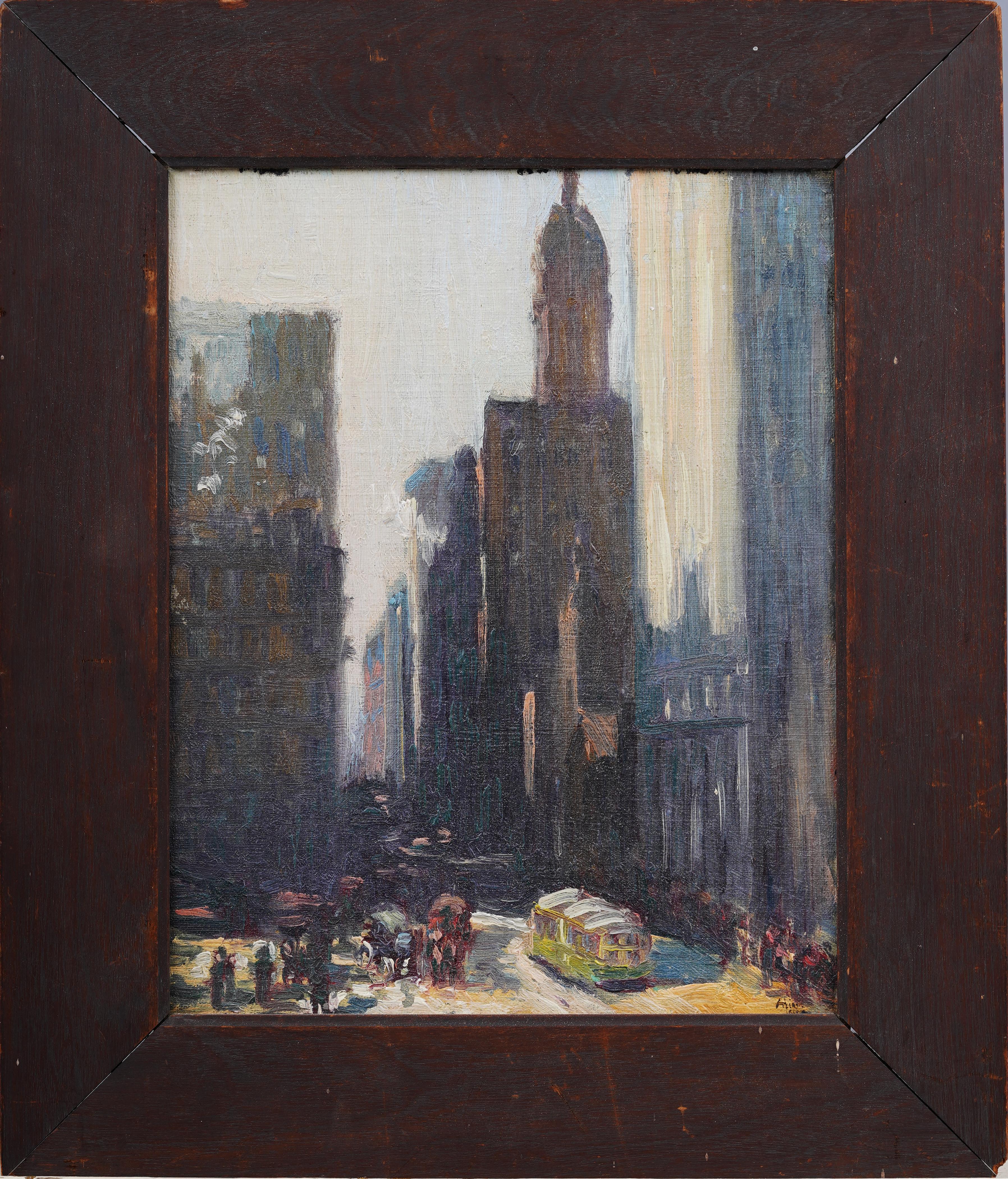 Incredible and rare early American impressionist cityscape painting by Alice Y. Hirsh (1888 - 1935).  Oil on canvas, lain to board.  Framed.  Signed.  Image size, 8L x 10H.