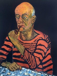 PORTRAIT OF JOHN ROTHSCHILD Signed Lithograph, Expressionist Portrait Man w Pipe