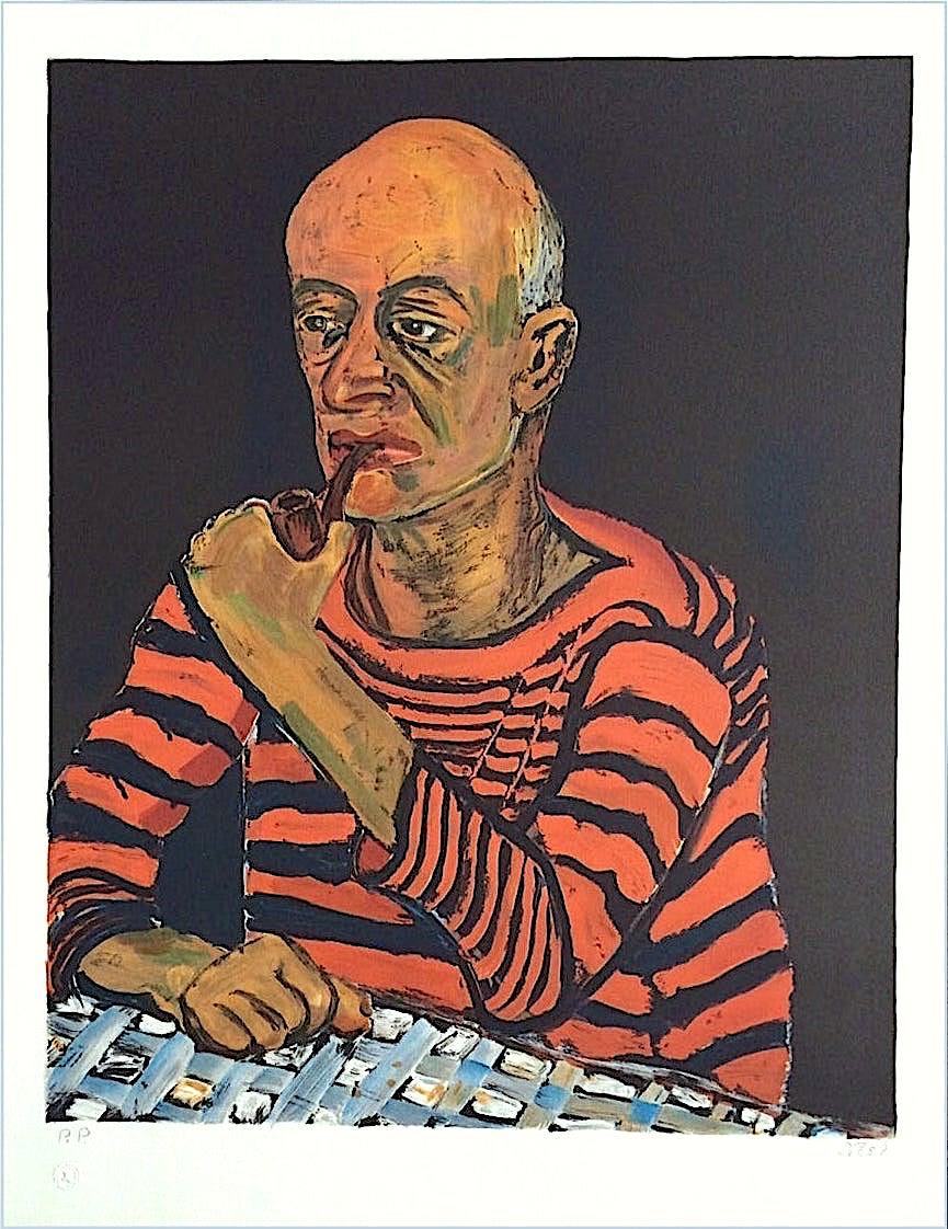 Alice Neel Interior Print - PORTRAIT OF JOHN ROTHSCHILD Signed Lithograph, Expressionist Portrait Man w Pipe
