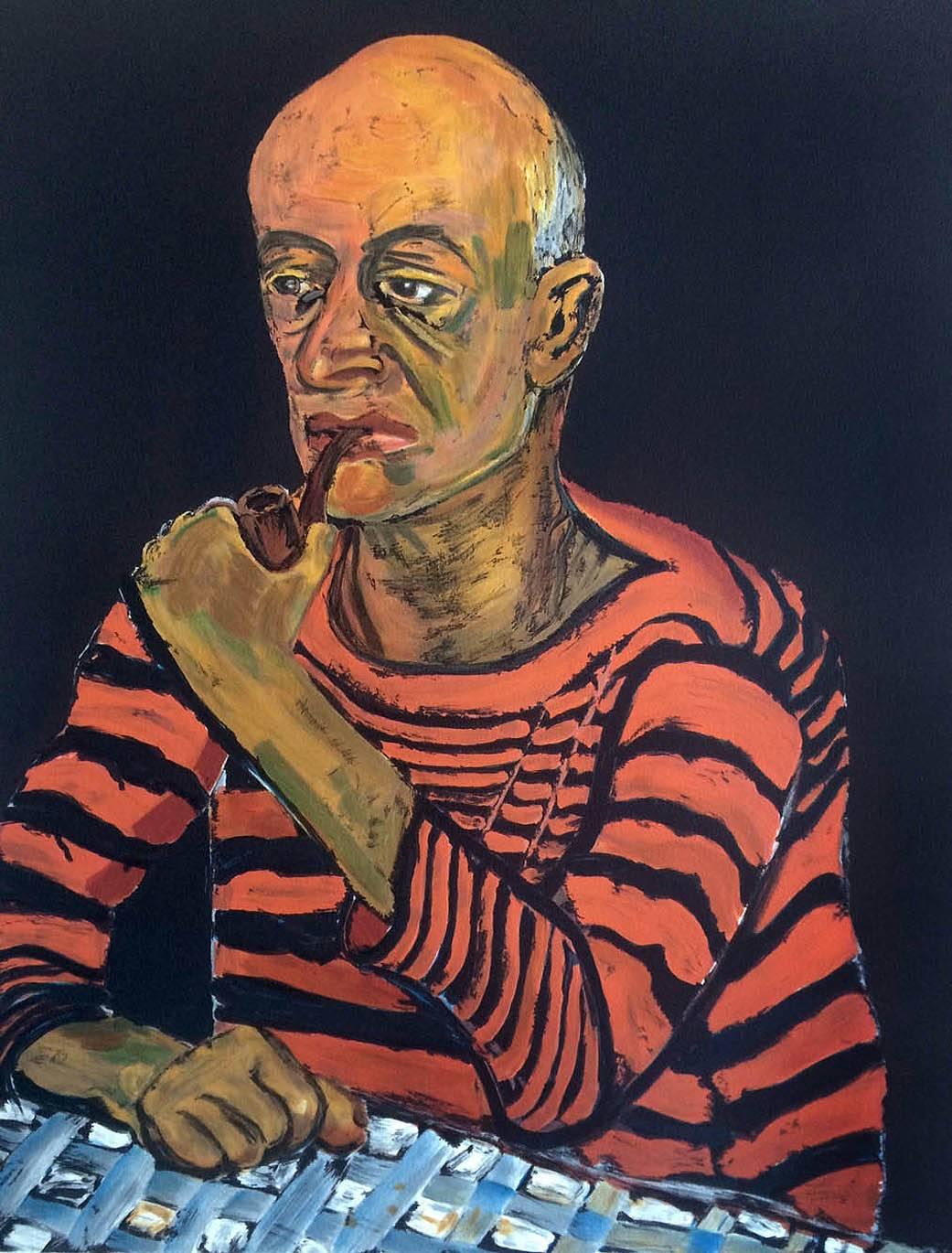 PORTRAIT OF JOHN ROTHSCHILD Signed Lithograph, Man w Pipe, Coral Red, Black  - Print by Alice Neel