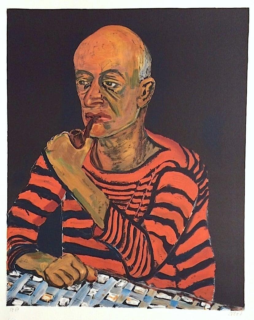 Alice Neel Portrait Print - PORTRAIT OF JOHN ROTHSCHILD Signed Lithograph, Man w Pipe, Coral Red, Black 