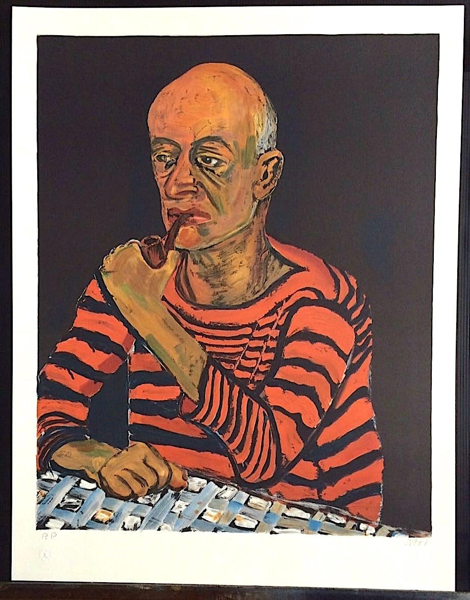 PORTRAIT OF JOHN ROTHSCHILD, signierte Lithographie, sitzender Mann mit Pfeifen, Matrosenhemd im Angebot 1