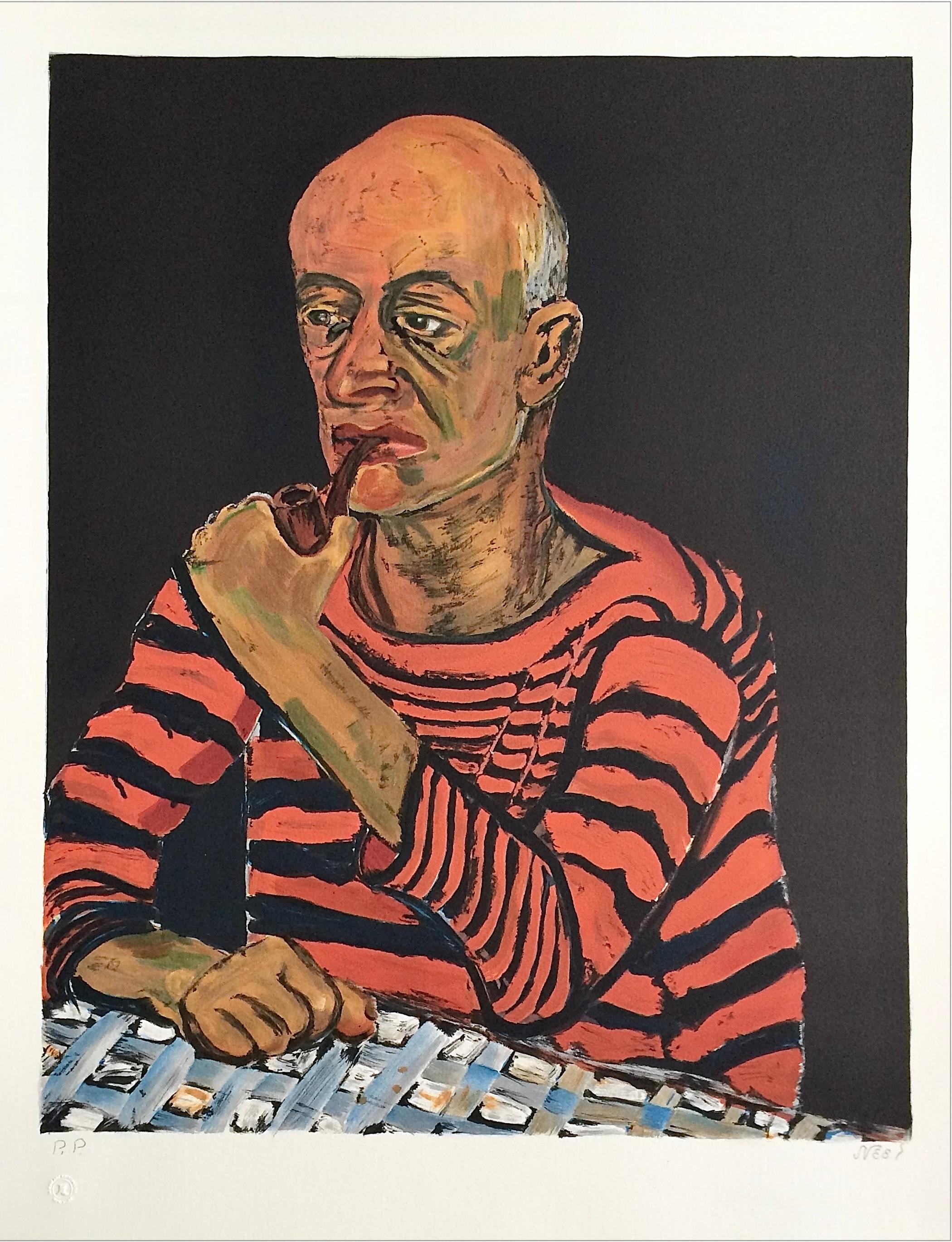 PORTRAIT OF JOHN ROTHSCHILD Signed Lithograph Seated Man with Pipe, Sailor Shirt