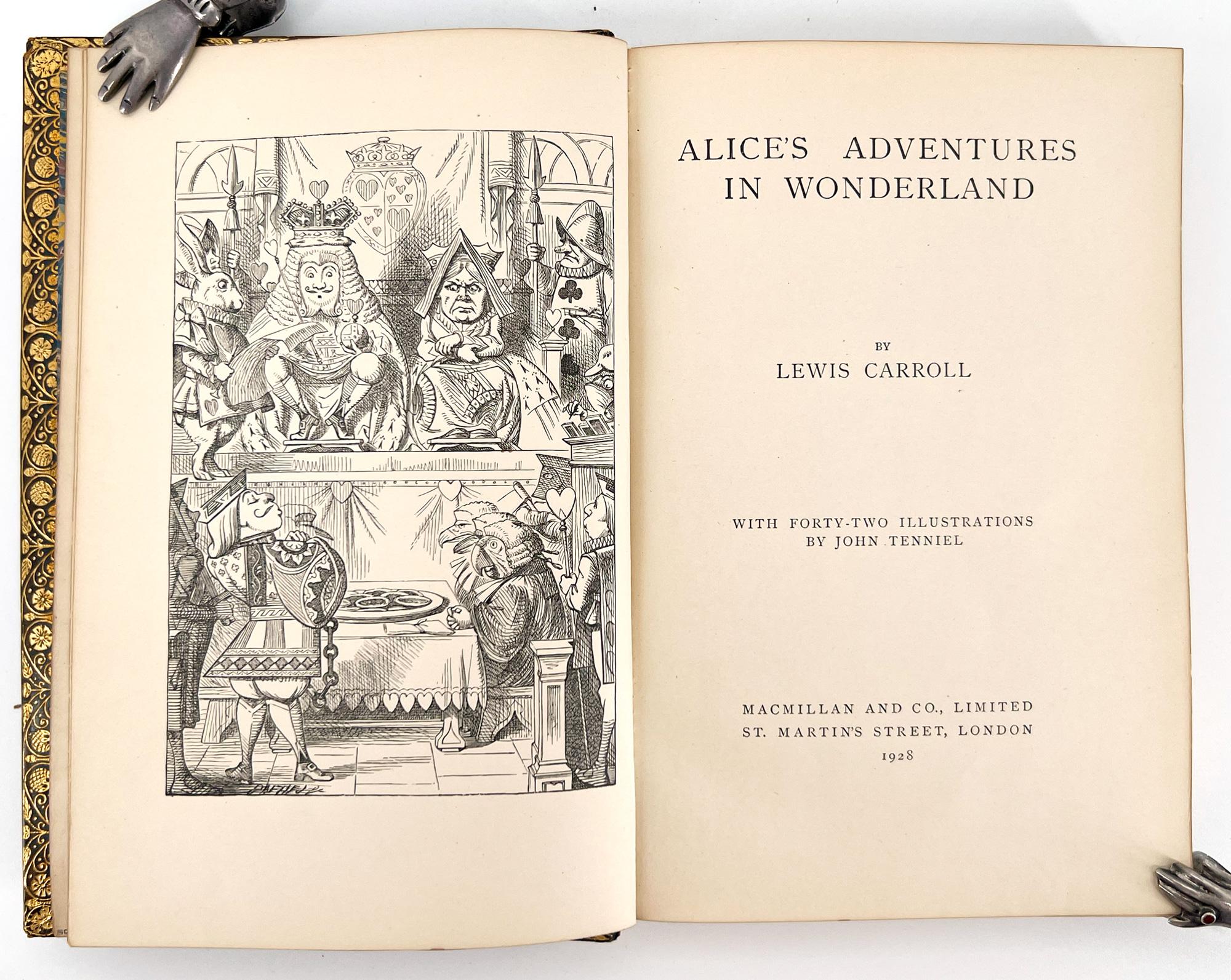 Carroll, Lewis (Dodgson, Charles L.). Alice's Adventures in Wonderland; With Forty-two Illustrations by John Tenniel. 

London: Macmillan & Co., 1928. 
12mo; 7 1/4 x 4 3/4 inches (185 x 121 mm); pp. xi + 179 + [8]; monochrome illustrations,