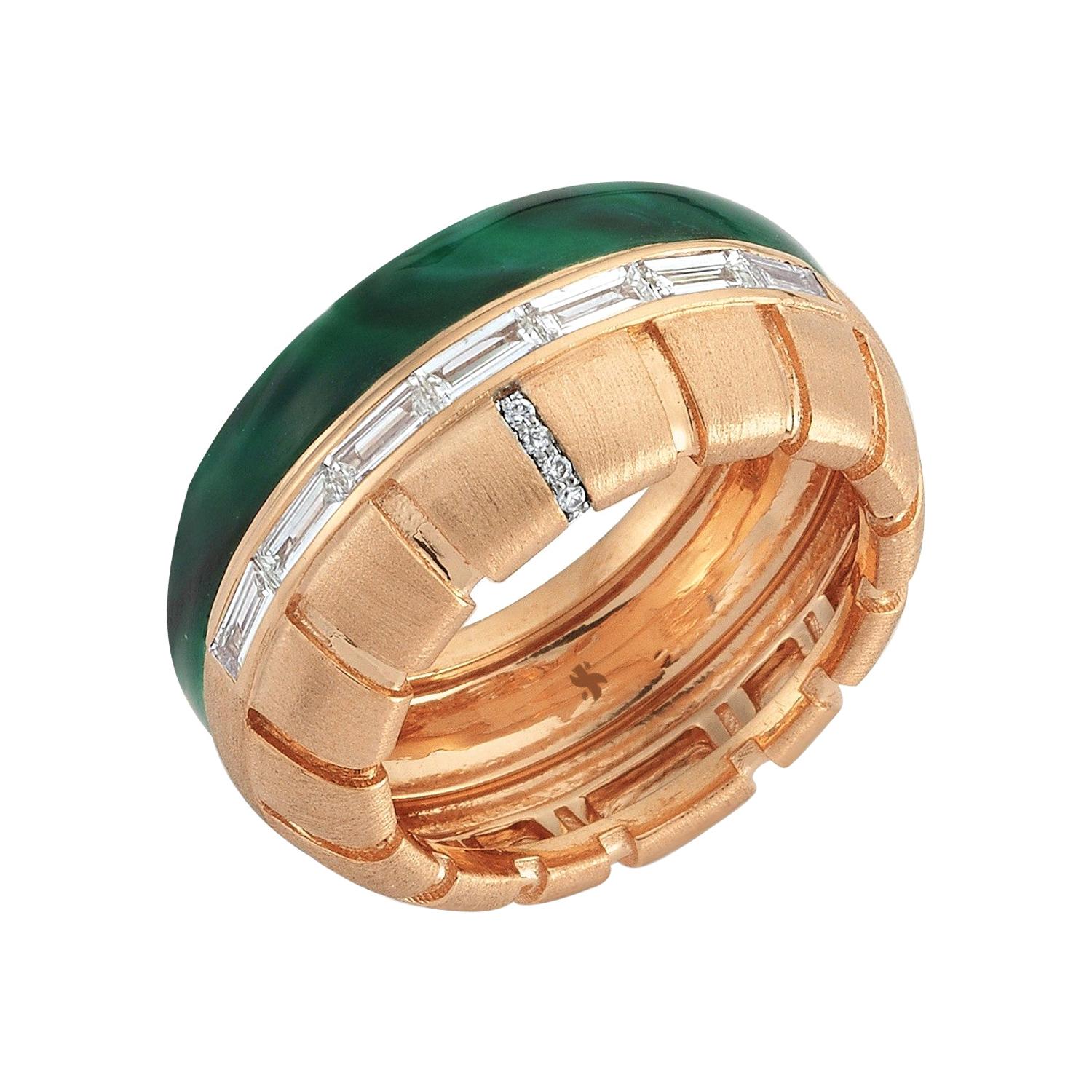 Alicha Ring in 14 Karat Rose Gold with Malachite Enamel & Diamond For Sale