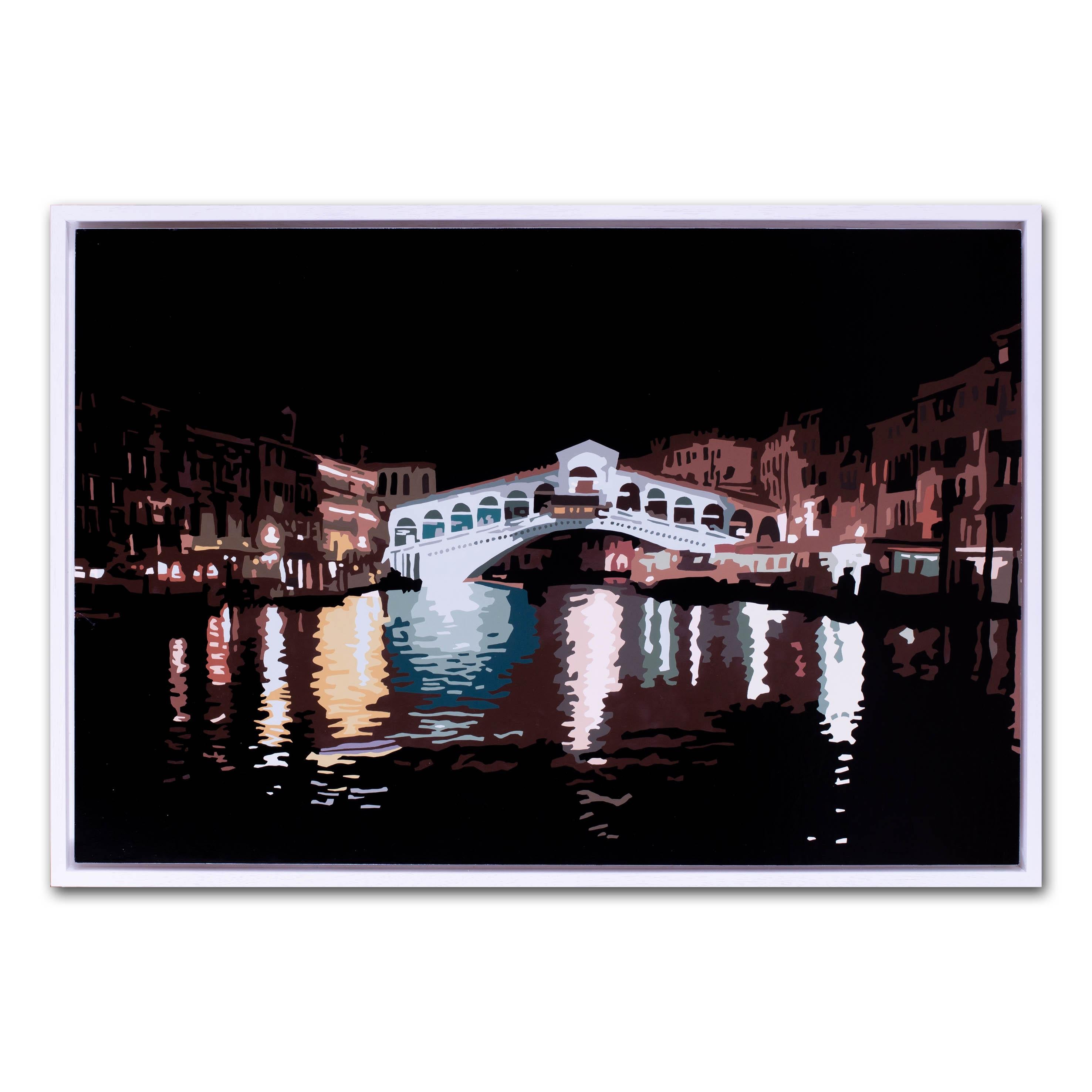 Contemporary painting of the Rialto Bridge, Venice at night by Alicia Dubnyckyj - Black Landscape Painting by Alicia Dubnyckyj 