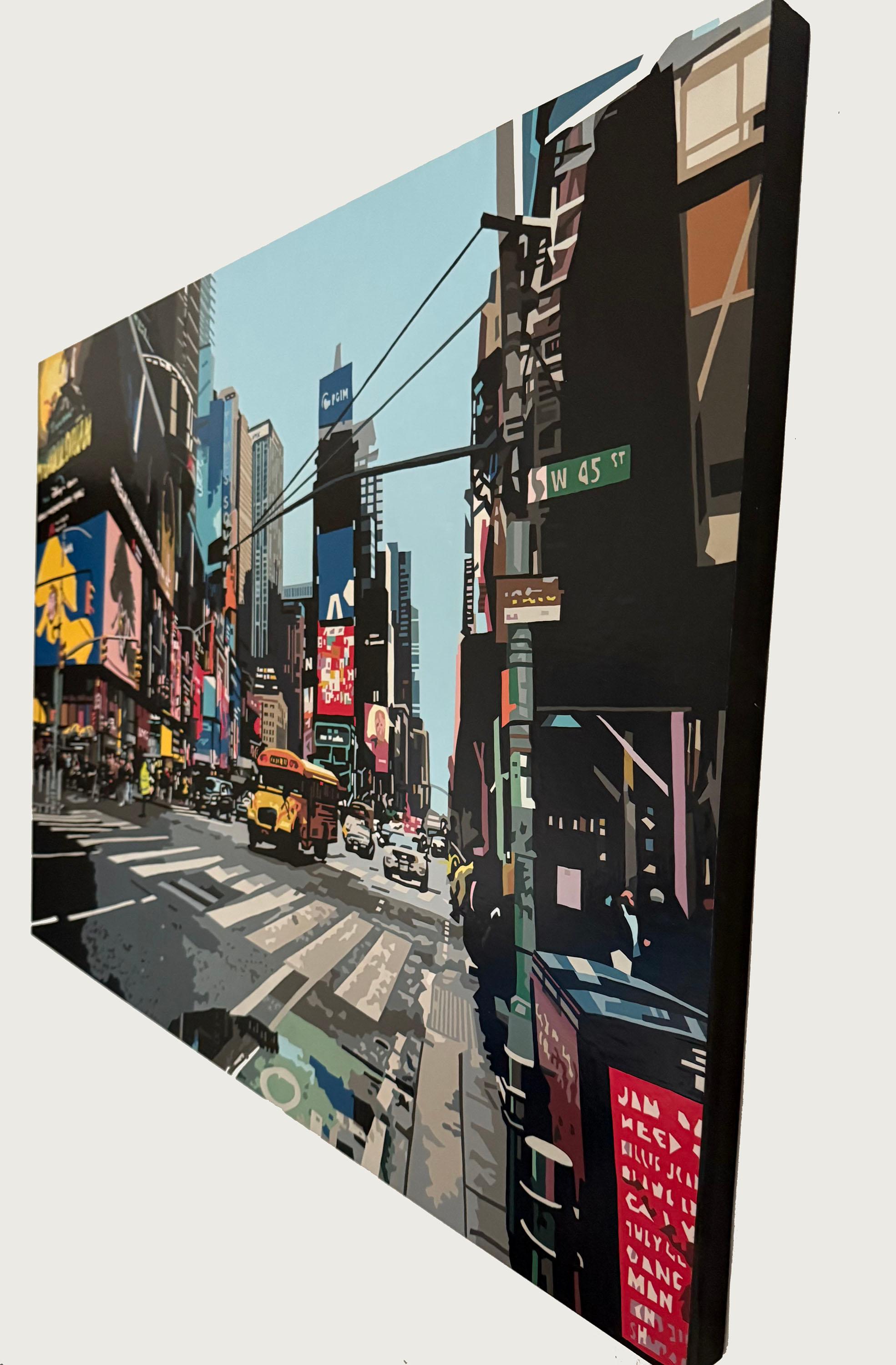 Originalgemälde des Times Square in New York. Hergestellt im Studio der Künstlerin in Birmingham und unter Verwendung ihrer eigenen Fotografie. Das Foto wird dann digital bearbeitet, bevor es auf den Karton gezeichnet wird. Jede Form wird einzeln,