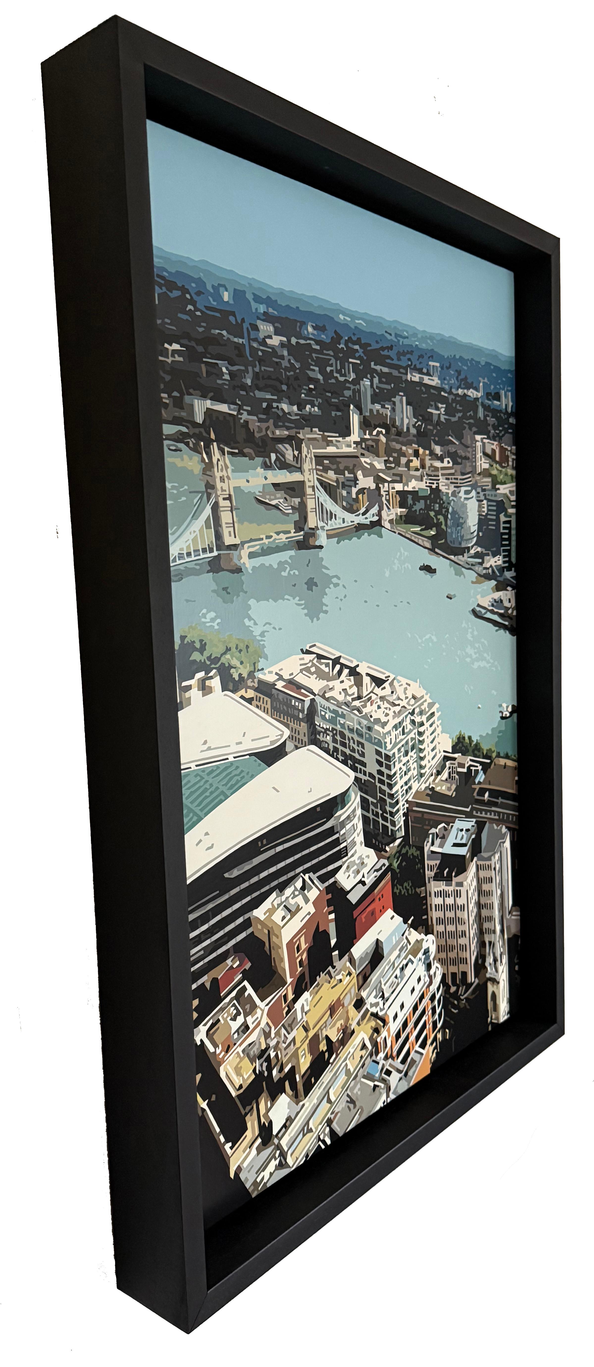 Peinture originale du Tower Bridge, Londres. Fabriqué dans le studio de l'artiste à Birmingham et créé à partir de sa propre photographie. La photographie est ensuite modifiée numériquement avant d'être dessinée sur le carton. Chaque forme est