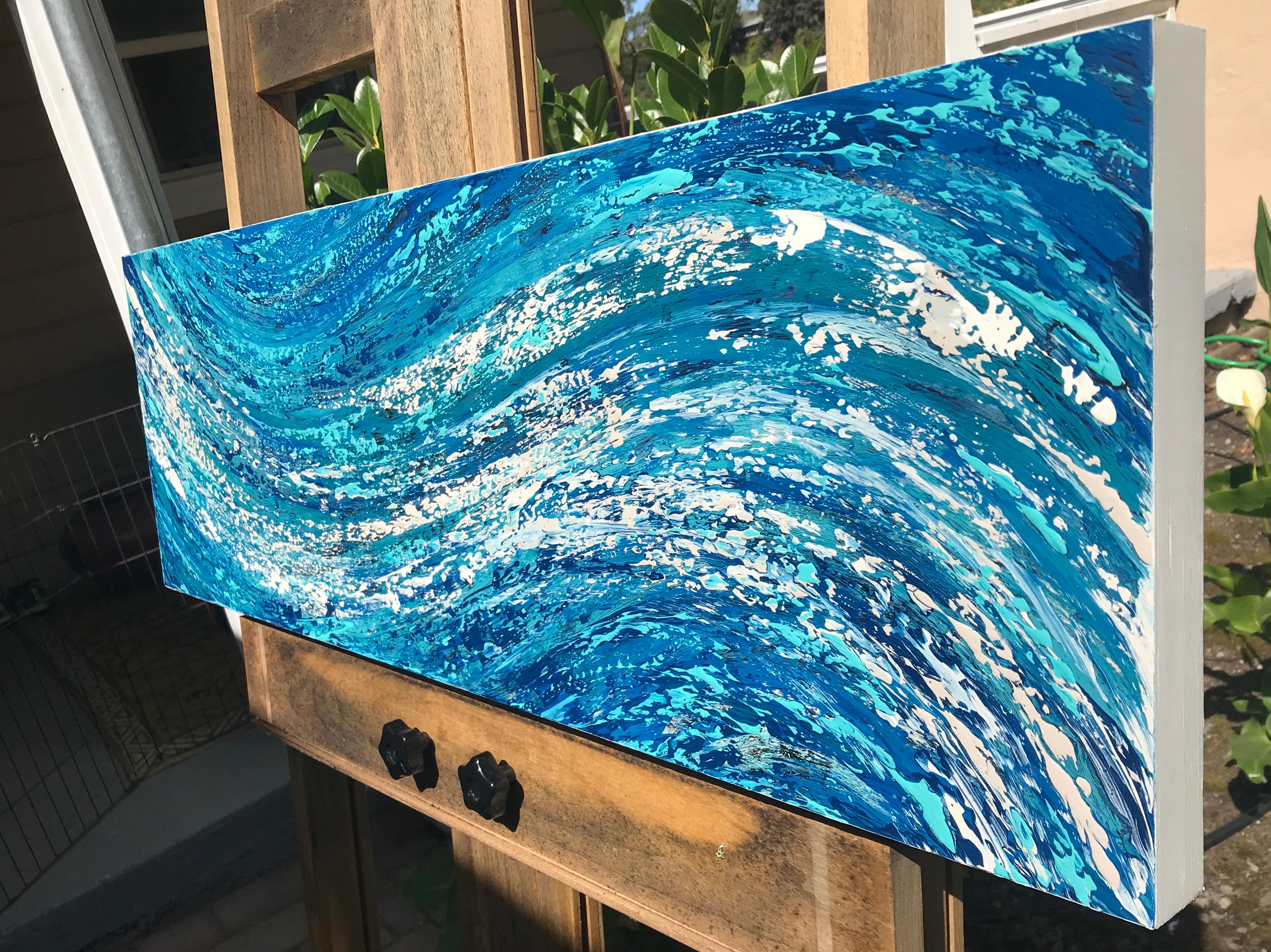 <p>Artist Comments<br />A flowing abstract seascape, intimating rhythmic undulating waters. Layers of blues, green, turquoise and white splash across the canvas. Alicia says the hallmarks of this painting are movement and pure energy. She draws from