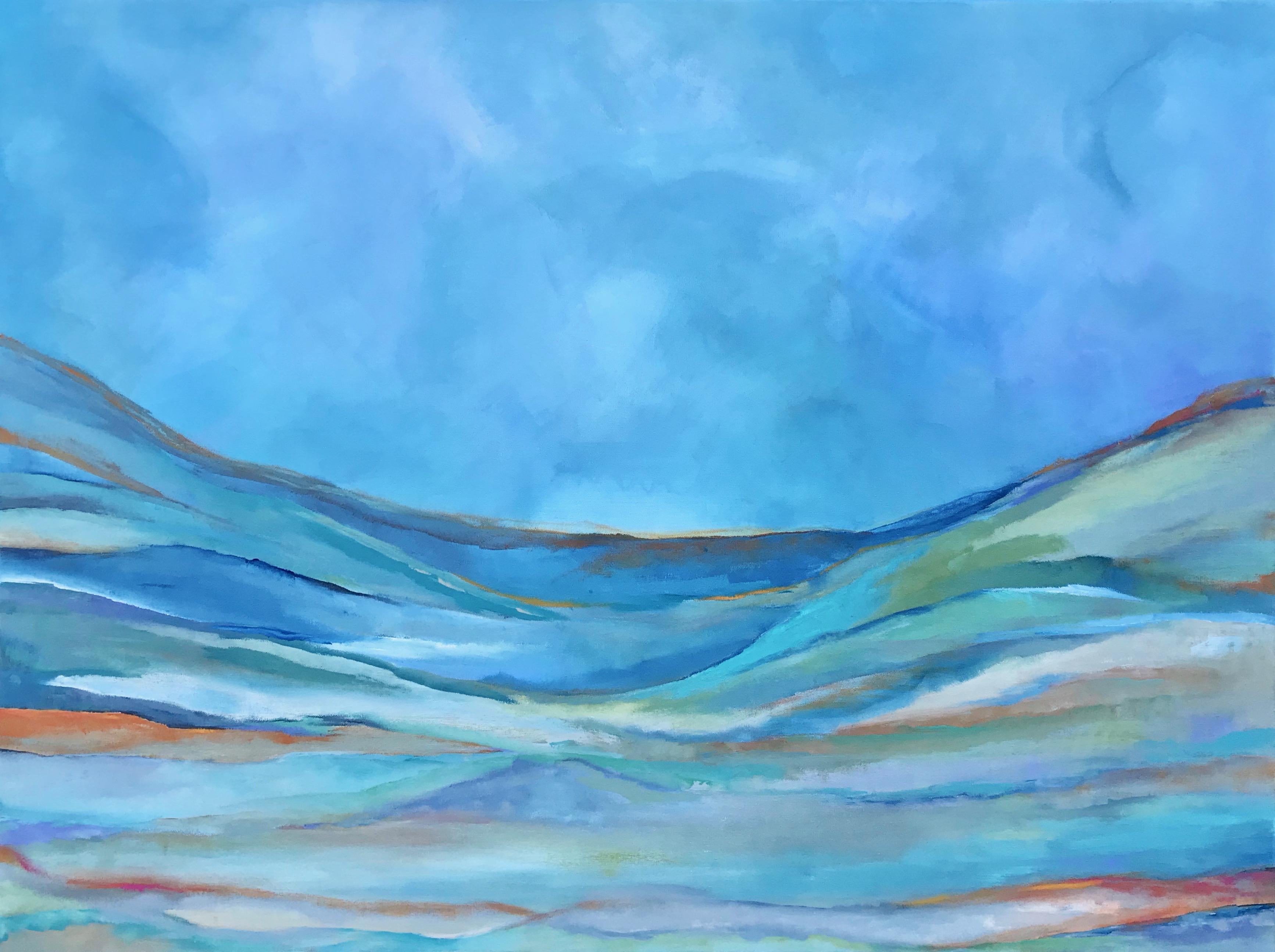 <p>Artist Comments<br>"This serene painting reminds me of floating away into a surreal dream," says Alicia. Rich rolling hills of blue, green, turquoise, orange, purple and streaks of fuchsia draw the eye up to the horizon. A hint of light radiates
