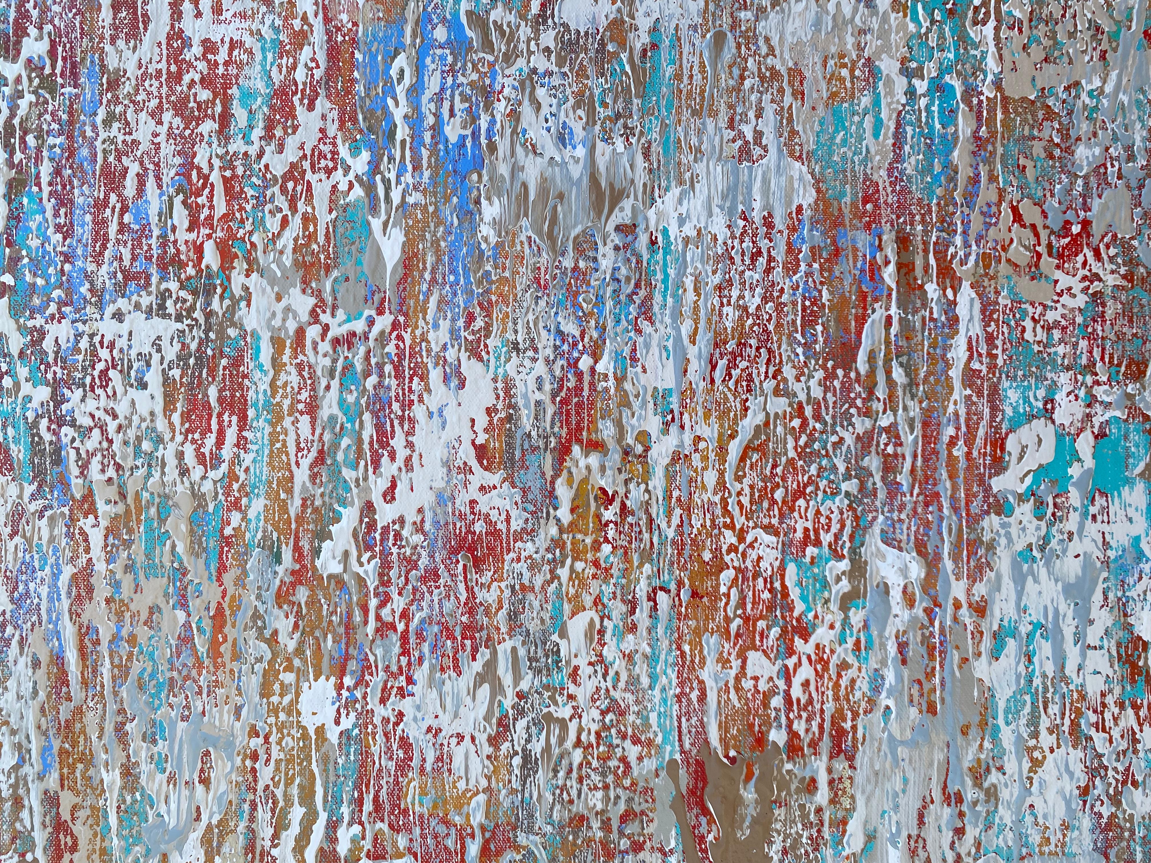 <p>Artist Comments<br>A vibrant and energetic abstract in hues of red, orange, and white with cooling tones of turquoise and blue by artist Alicia Dunn. Layers and layers of color dance on the canvas flowing harmoniously in one direction. It results