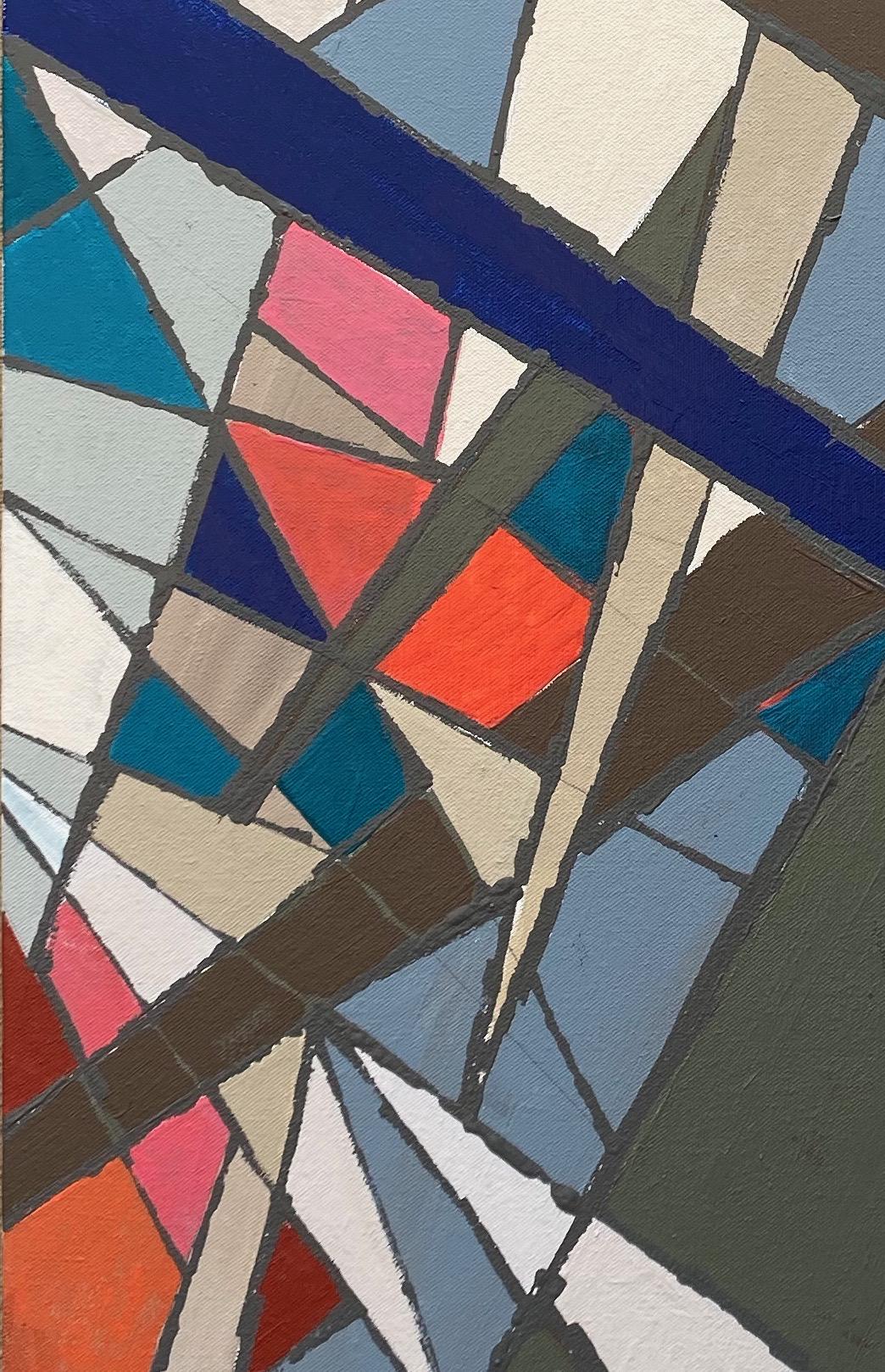 <p>Artist Comments<br />Bold arrows of blues, greys and pink-orange traverse in this modernist abstraction, evoking the refraction of stained glass. Artist Alicia Dunn says it's easy to get lost in the high energy collisions and rich, dense