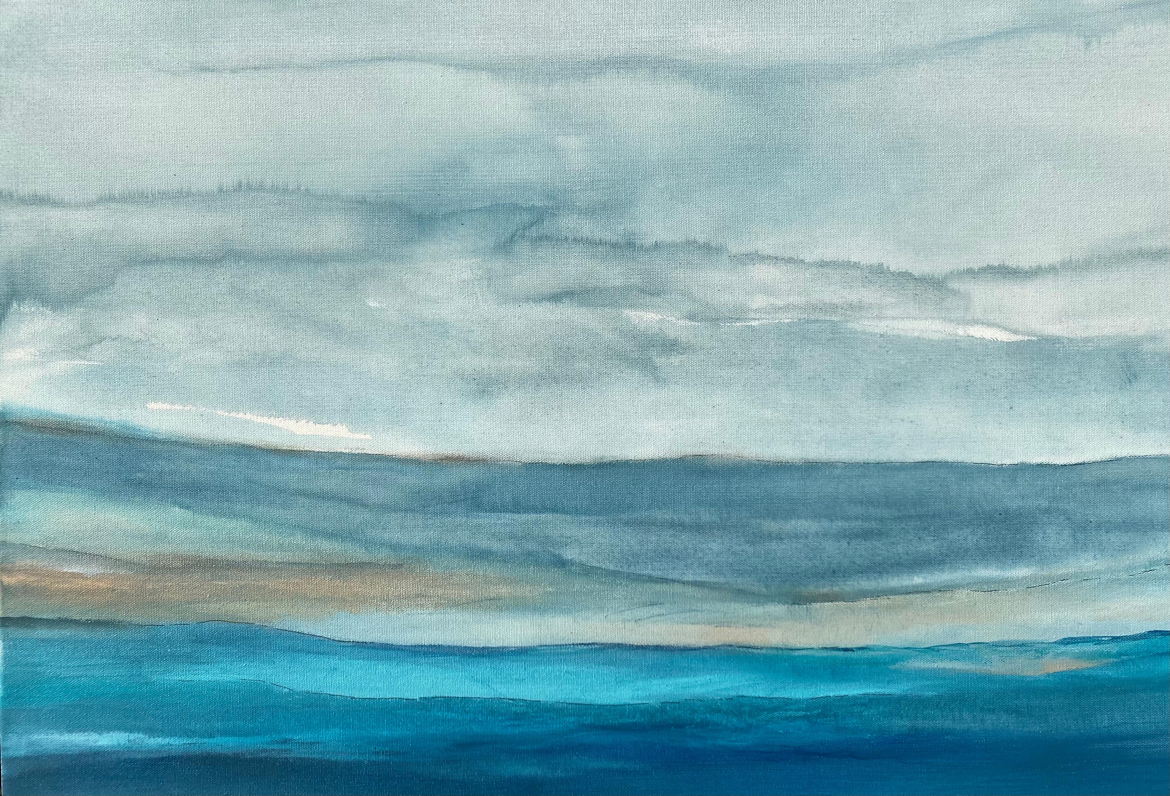 <p>Artist Comments<br>Artist Alicia Dunn presents a wide lens dreamy landscape in an abstraction of mild turquoise and pale blue tones. Cool blue gradients expand into a panoramic scenery. Subtle rays of light peek through the rhythmic arrangement