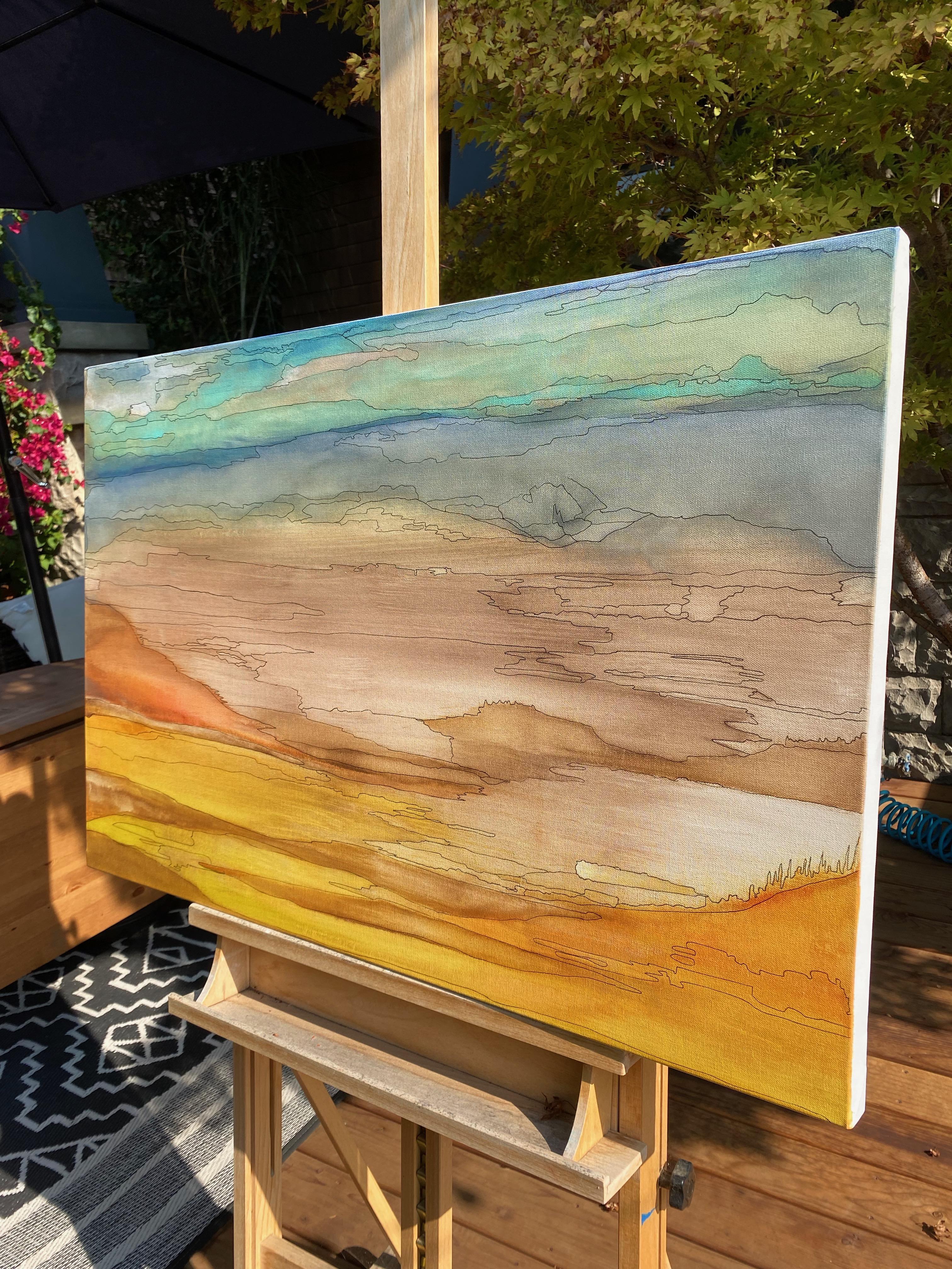 <p>Artist Comments<br>A warm coastal view of the ocean during sunset. Artist Alicia Dunn portrays a scenic expanse of clouds hovering above waters with hues of turquoise blending into an orange gradient. 