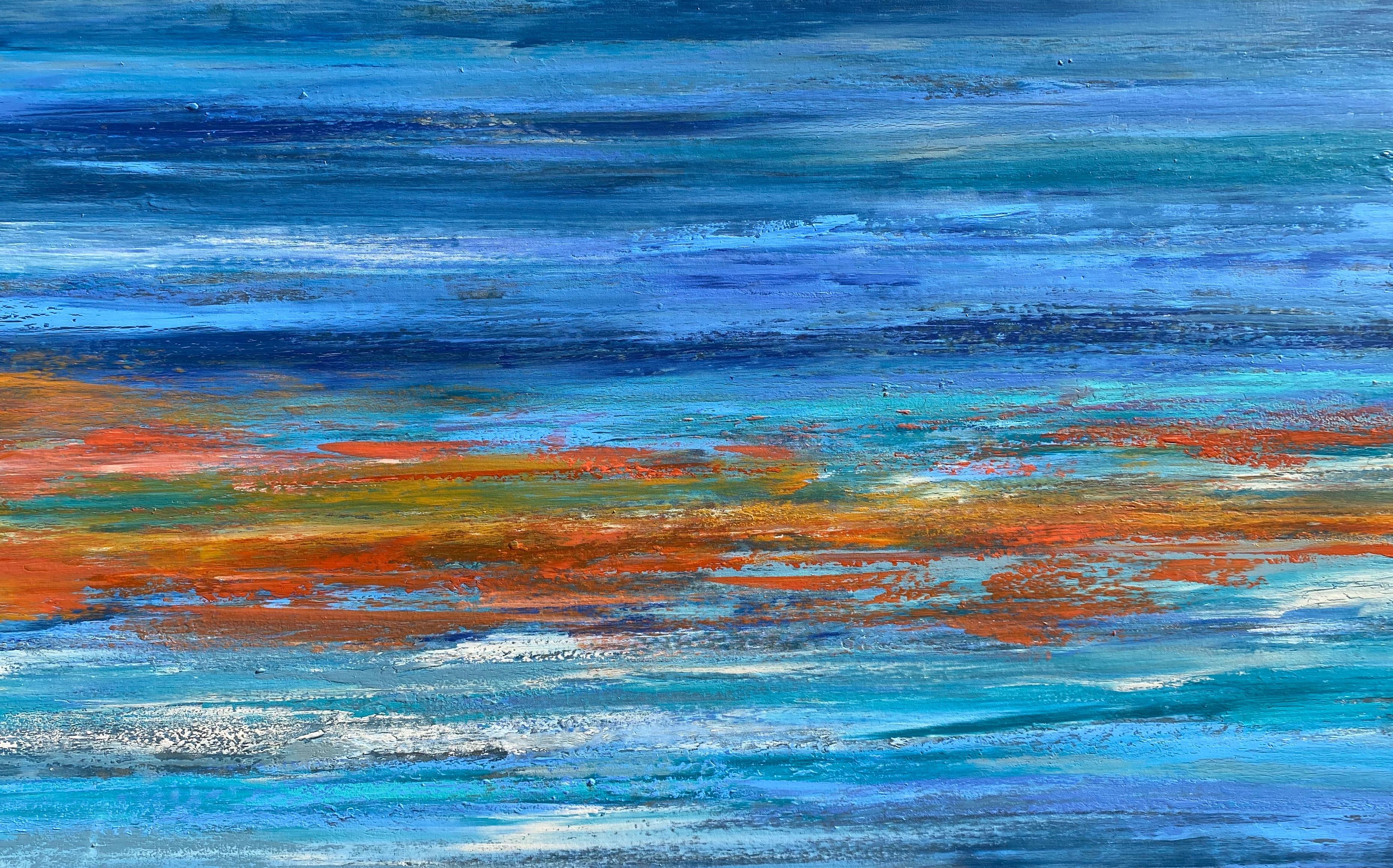 <p>Artist Comments<br>A shimmering view of sunlight reflecting across the surface of the ocean. Layers of blues, green, turquoise and orange ripple and stretch across the canvas. Alicia says the hallmarks of this painting are color and texture. She