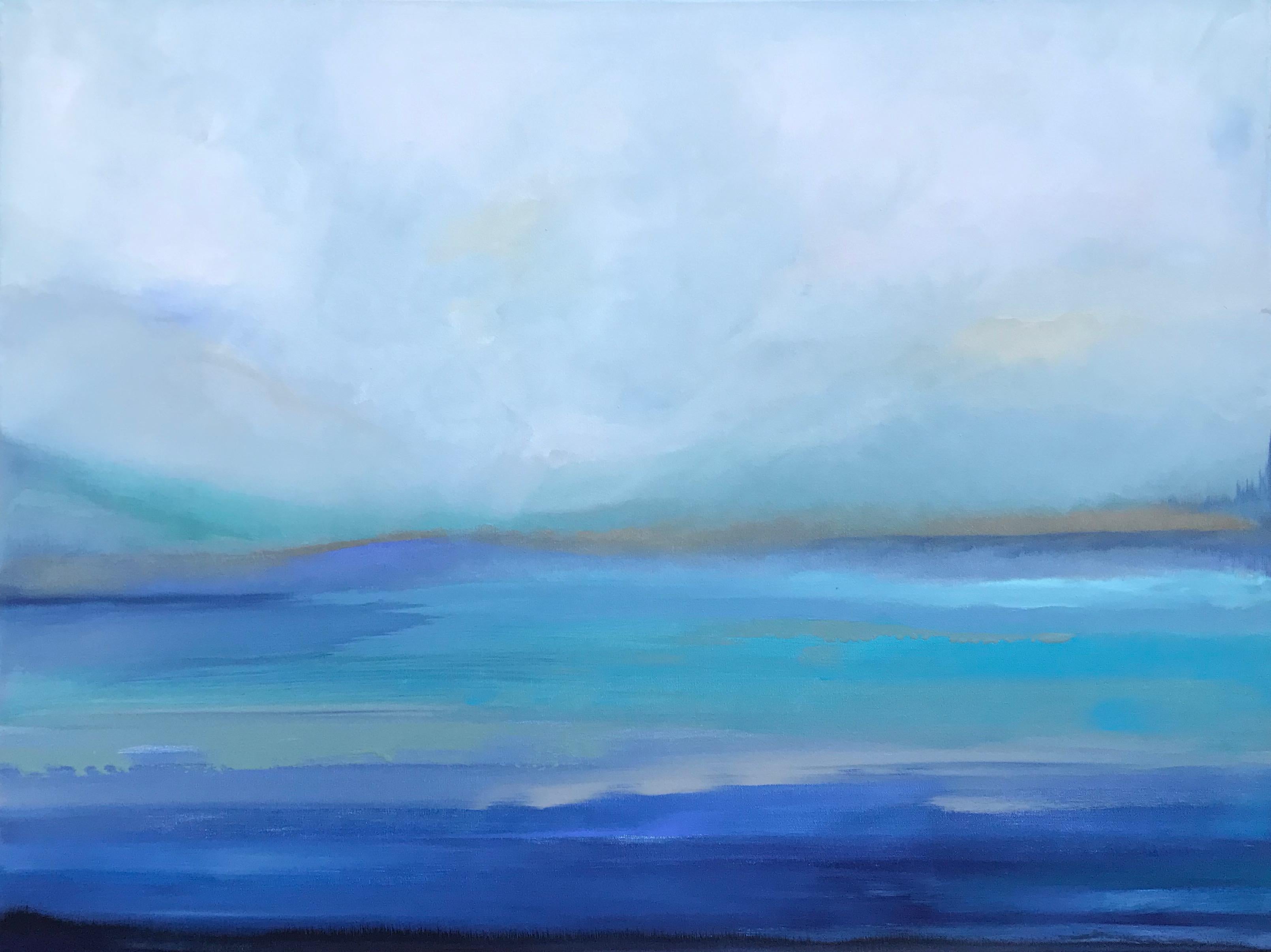 <p>Artist Comments<br />A cool, misty morning along the coast. Blues, turquoise and purple ripple through the water, with the faintest hint of rolling hills behind the blue-grey fog. Alicia describes this scene as dream. She draws from her local