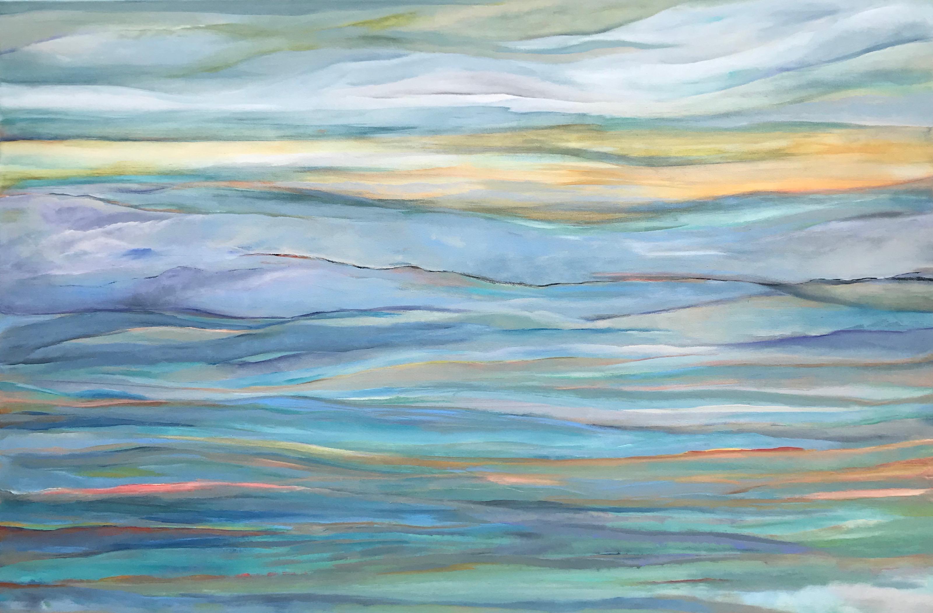 <p>Artist Comments<br />Artist Alicia Dunn describes this gently rolling abstract as a dream-like landscape straddling the line between reality. A rich palette of blue, green, purple, orange and pink fill the scene, conveying fast-moving clouds and