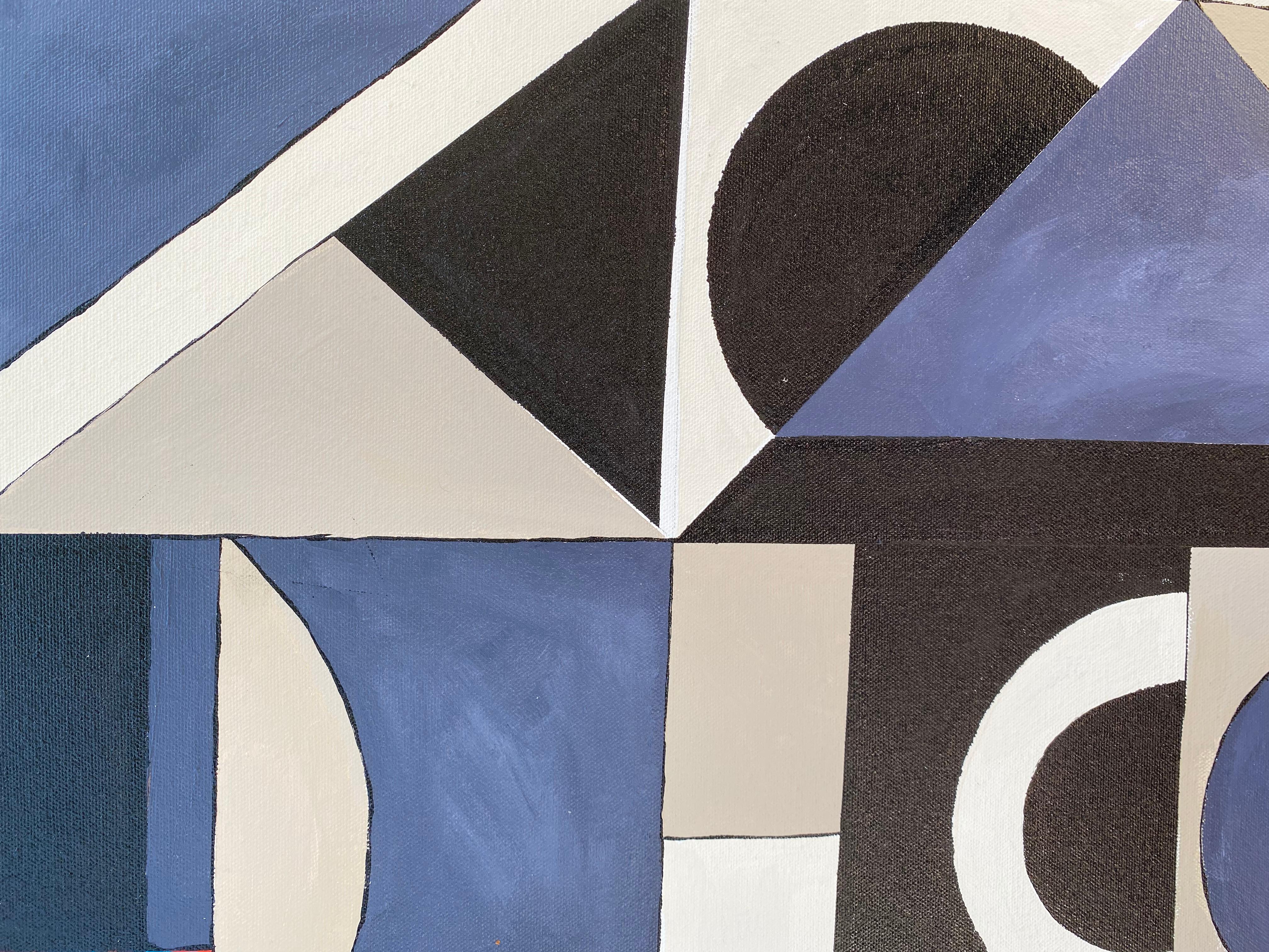 <p>Artist Comments<br />Graphic and bold, this geometric painting maps artist Alicia Dunn's mind in a flow state. Different shapes in shades of blue, beige, black, and white result in a diverse but cohesive course. 