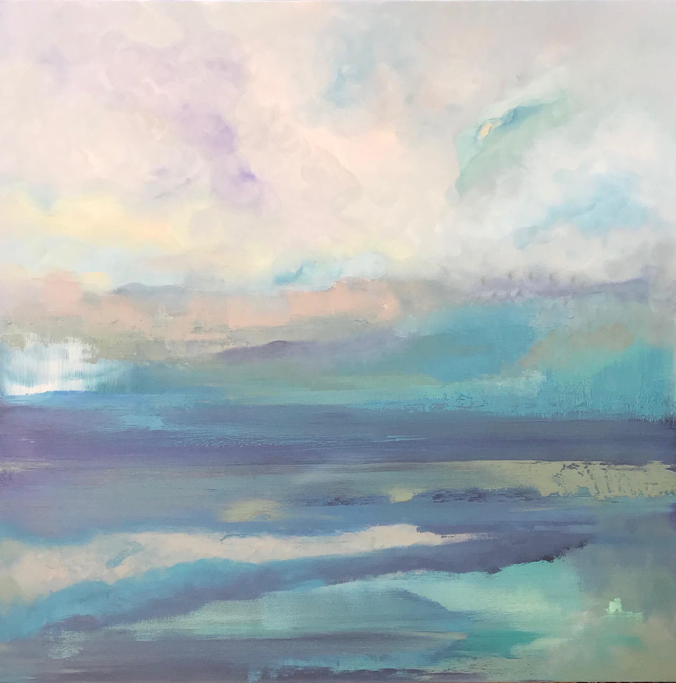 <p>Artist Comments<br />Abstracted view of a landscape in pastel washes of turquoise, purple, peach and hints of yellow. Although done in acrylic paint, the work has the delicate feel of a watercolor. Alicia draws from her local northern California