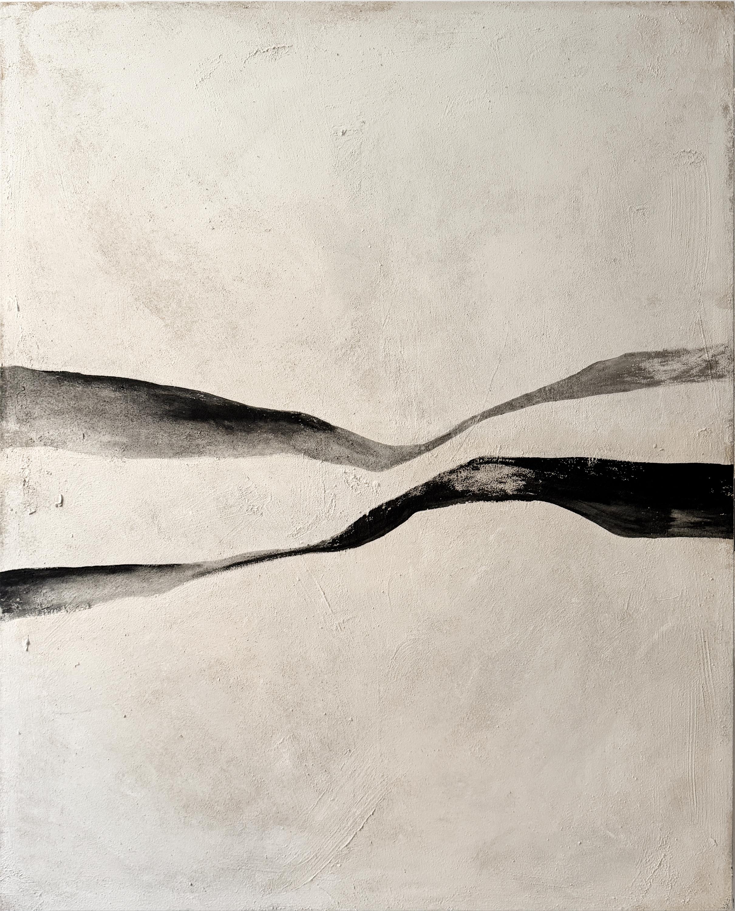 Minimalist Abstract Painting with Black Linear Forms by Alicia Gimeno 2025