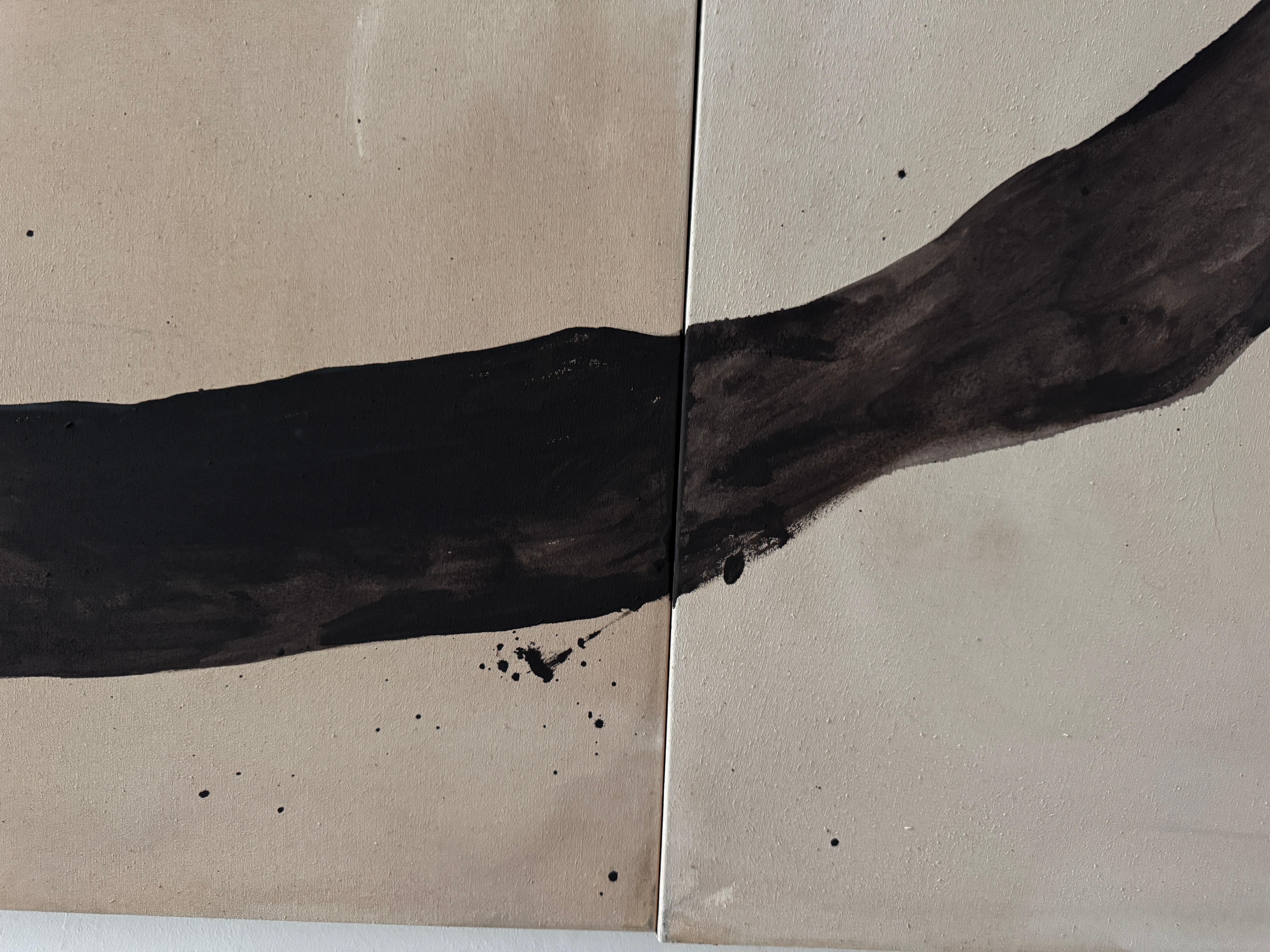 ABSTRACT Earth Tones Black Lines Circle Diptych Artwork Artist Alicia Gimeno For Sale 2