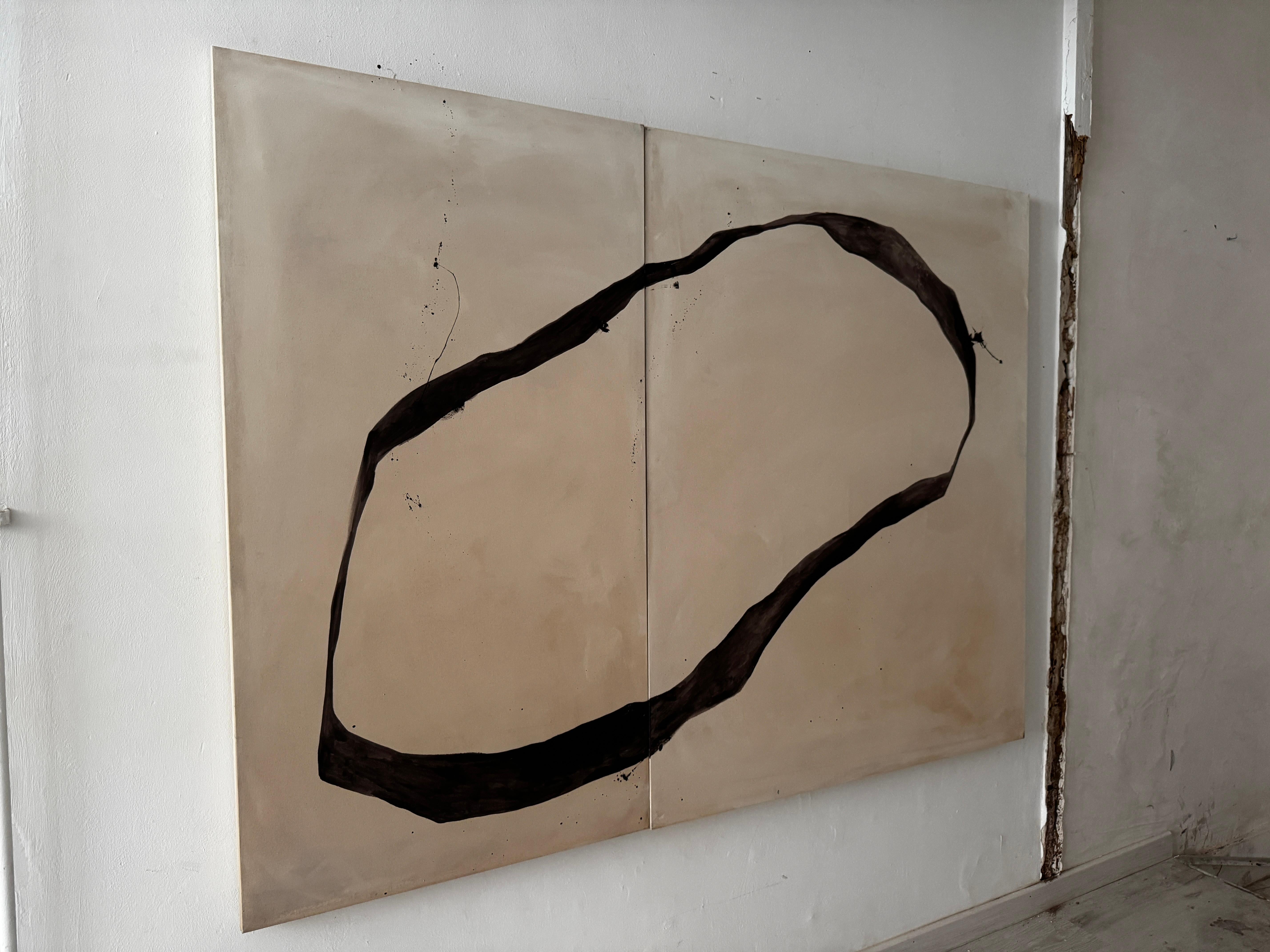 ABSTRACT Earth Tones Black Lines Circle Diptych Artwork Artist Alicia Gimeno For Sale 4