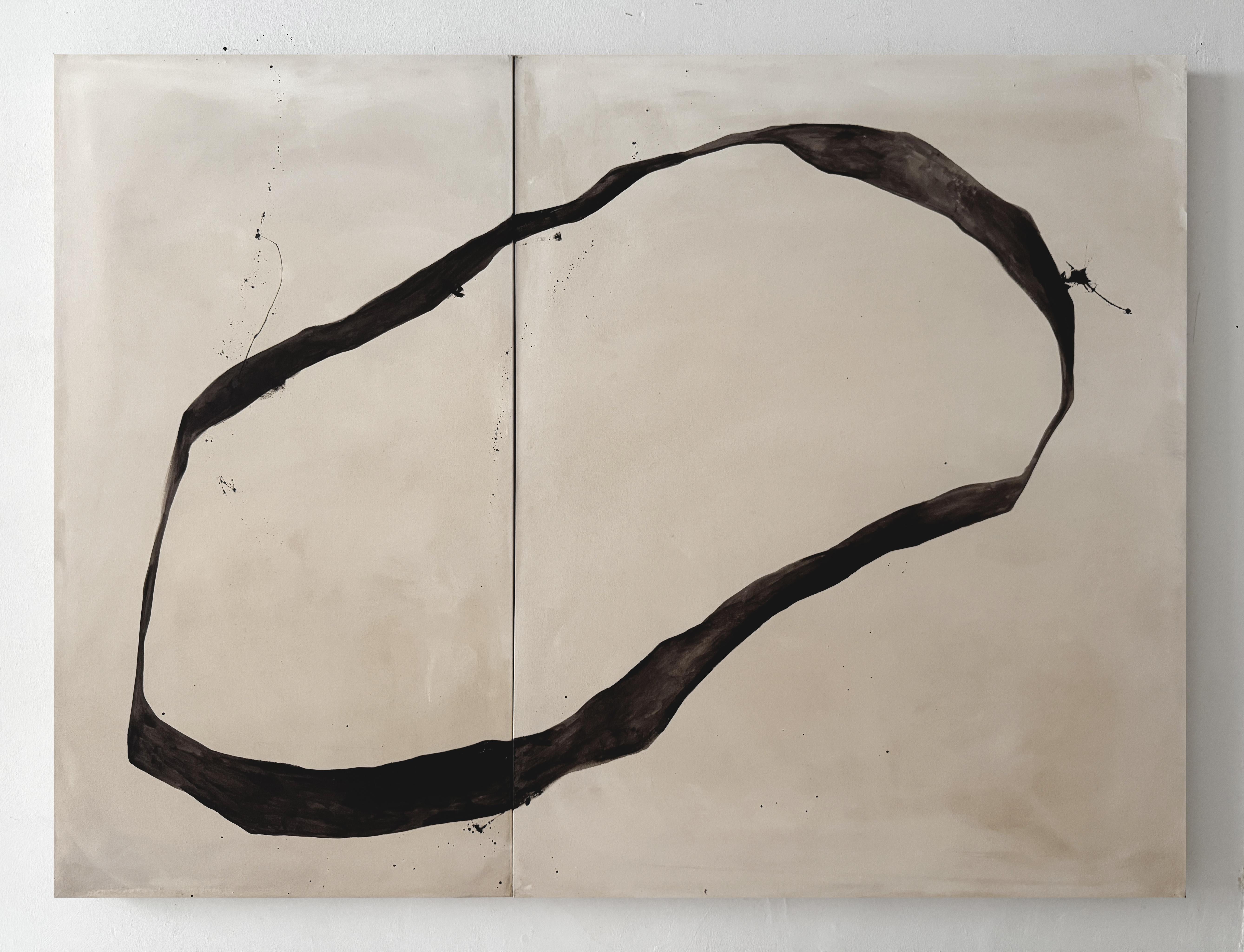 ABSTRACT Earth Tones Black Lines Circle Diptych Artwork Artist Alicia Gimeno For Sale 5