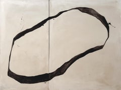 ABSTRACT Earth Tones Black Lines Circle Diptych Artwork Artist Alicia Gimeno
