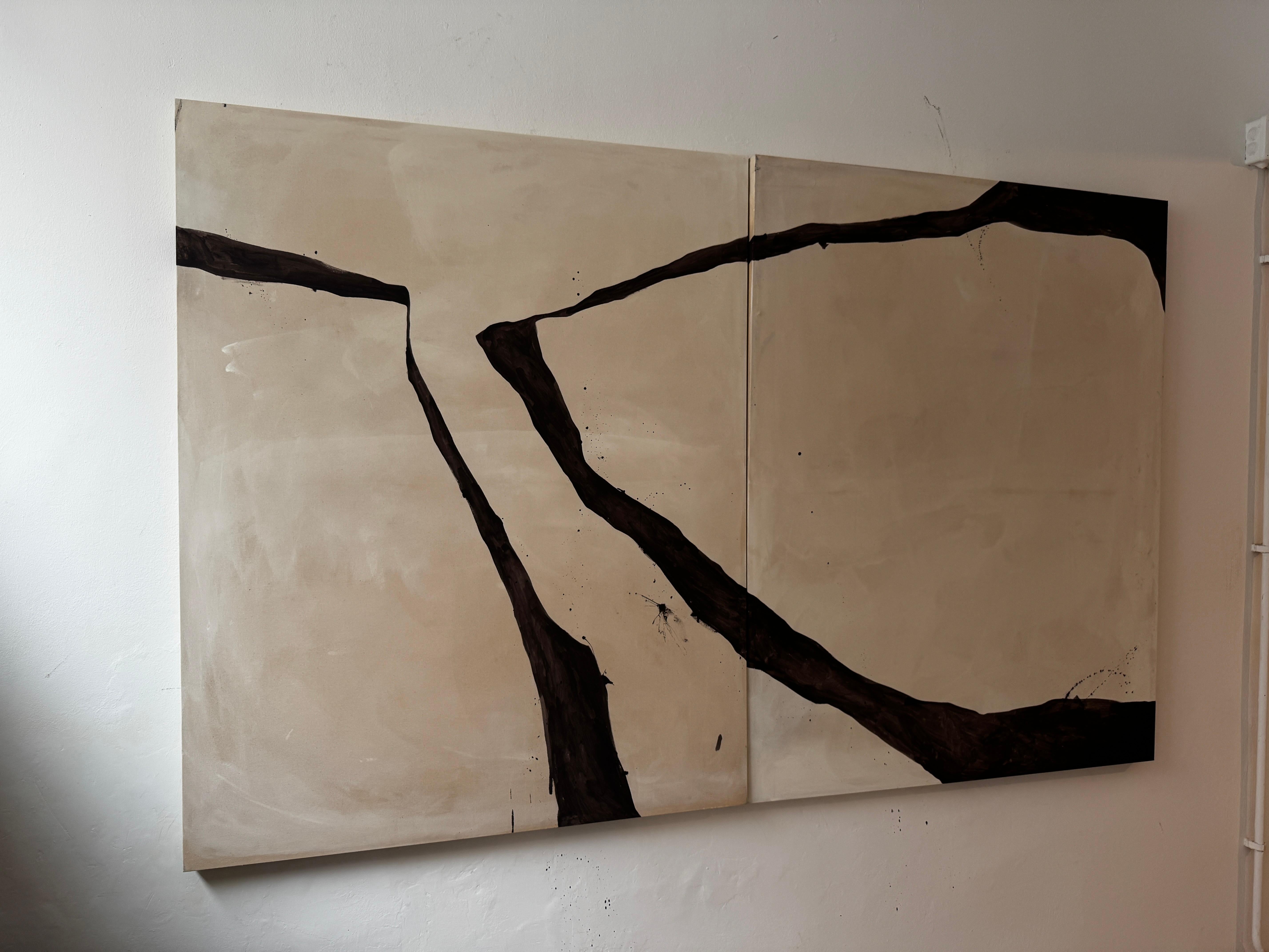 ABSTRACT Earth Tones Black Lines Froms Diptych Artwork Artist Alicia Gimeno For Sale 3