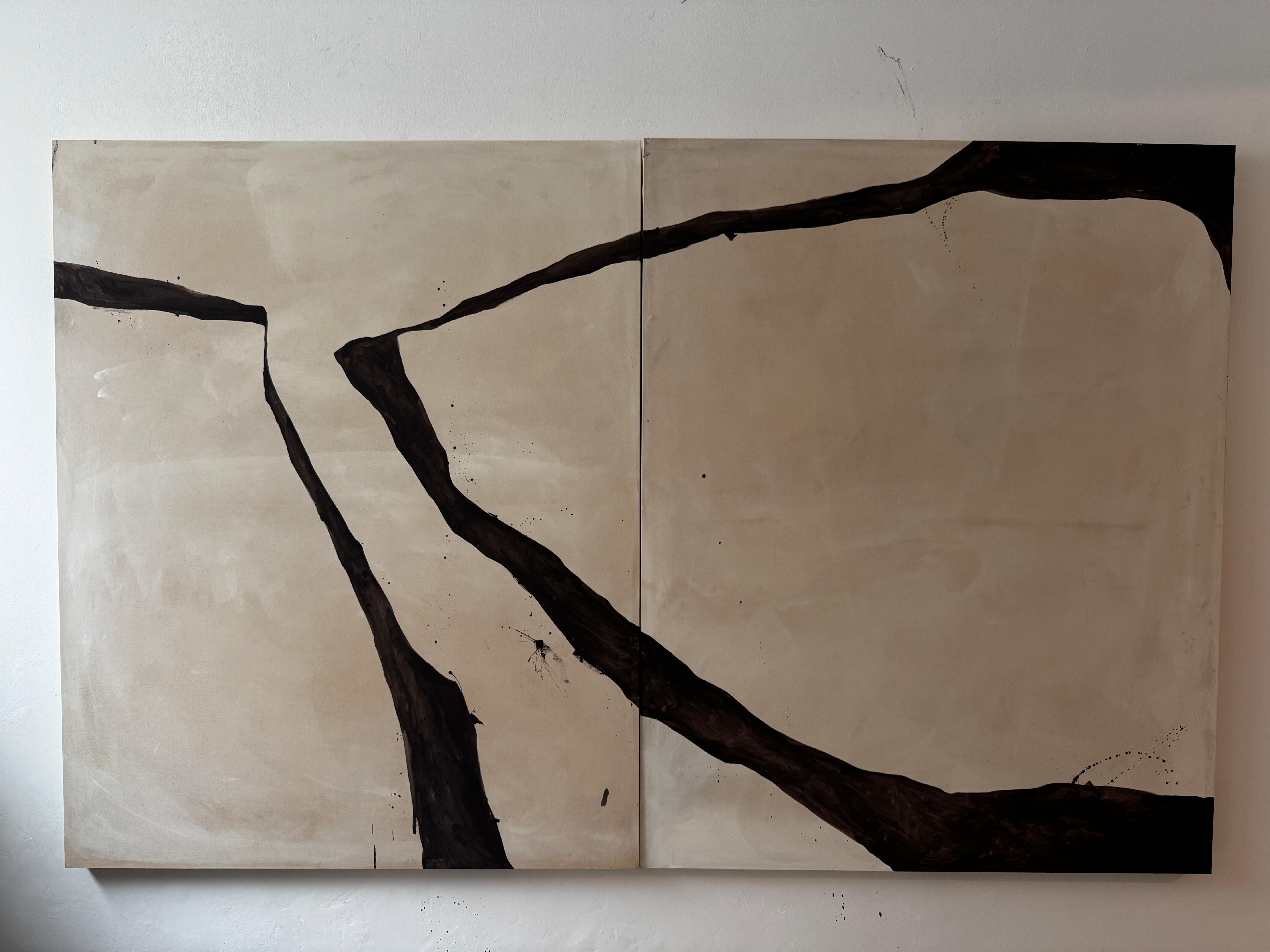 ABSTRACT Earth Tones Black Lines Froms Diptych Artwork Artist Alicia Gimeno For Sale 4