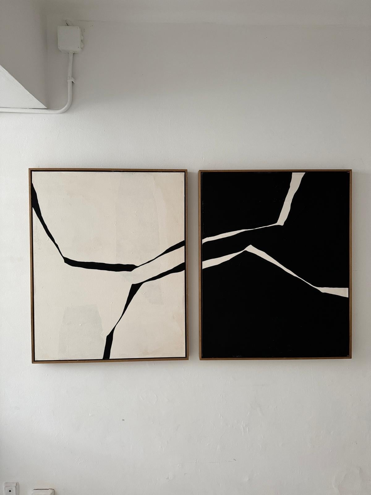 RÉSUMÉ  Peinture Diptyque lignes blanc foncé de l'artiste espagnole Alicia Gimeno NEUVE