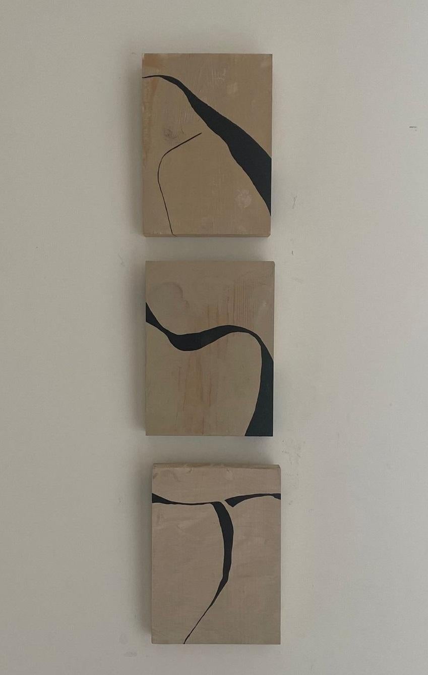 Triptych artwork in wood panels. The total size includes the separation of 3 cm of each artwork. 

Alicia Gimeno, 1989 Barcelona. Born into a family of engineers where the technical understanding of space was the norm, Gimeno kept her taste for