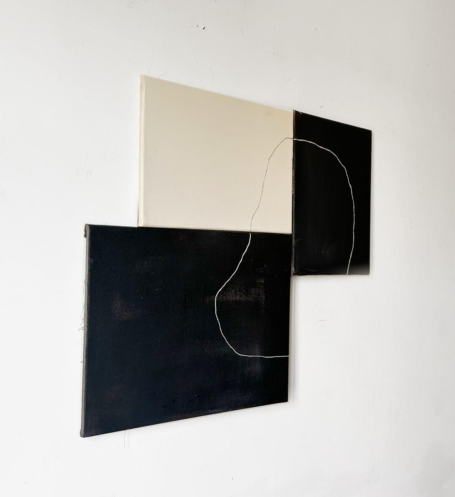 Triptych artwork by Alicia Gimeno, (Barcelona, 1989) Born into a family of engineers where the technical understanding of space was the norm, Gimeno kept her taste for abstraction and added a dose of play and creative freedom. His works —both visual