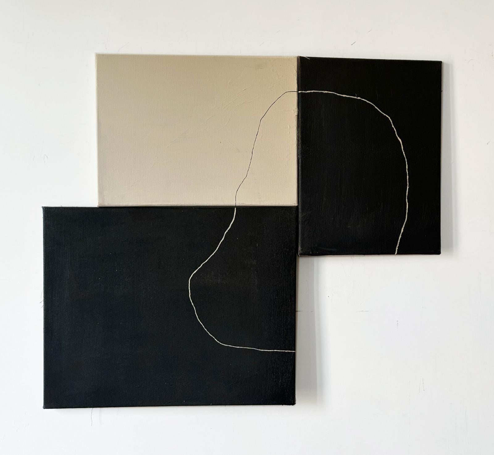 ABSTRACT. Triptych Black white painting by Spanish Artist minimal Untitled 2023