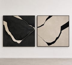 Dittico Pittura astratta minimalista Forme lineari nere 2026, Alicia Gimeno New