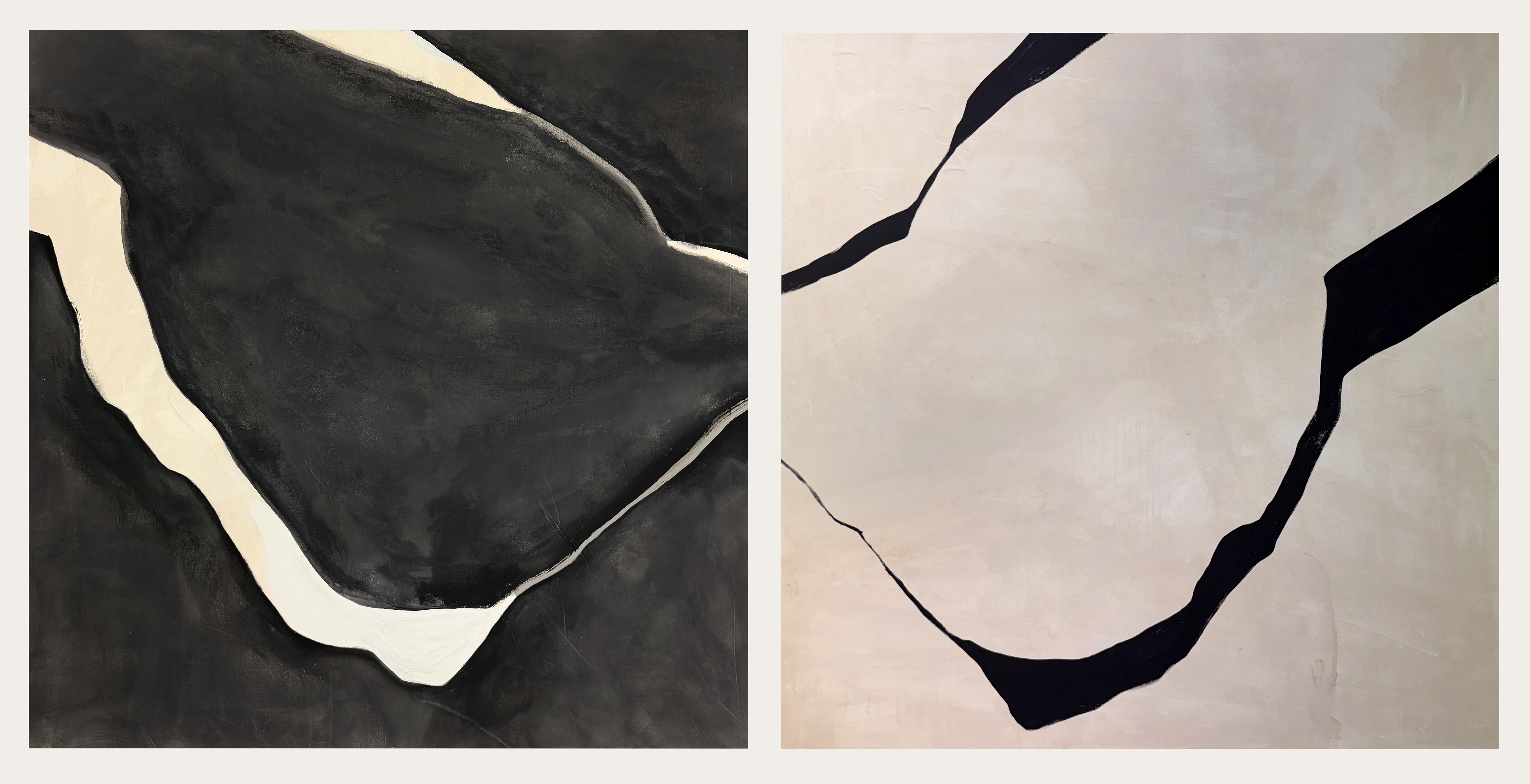Diptych Minimalist Abstract Painting Black Linear Forms 2026, Alicia Gimeno New